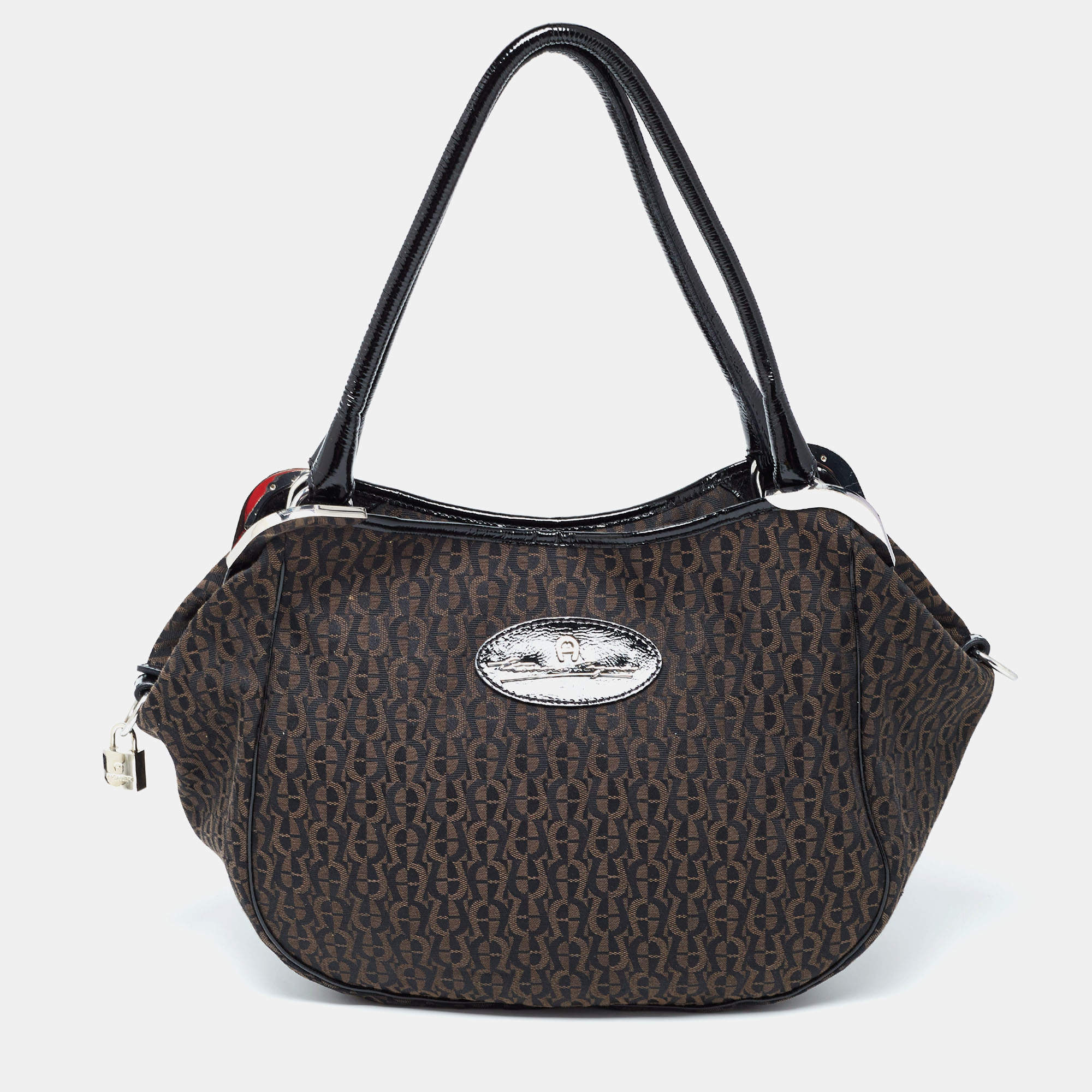 Aigner Black/Brown Signature Canvas Logo Hobo