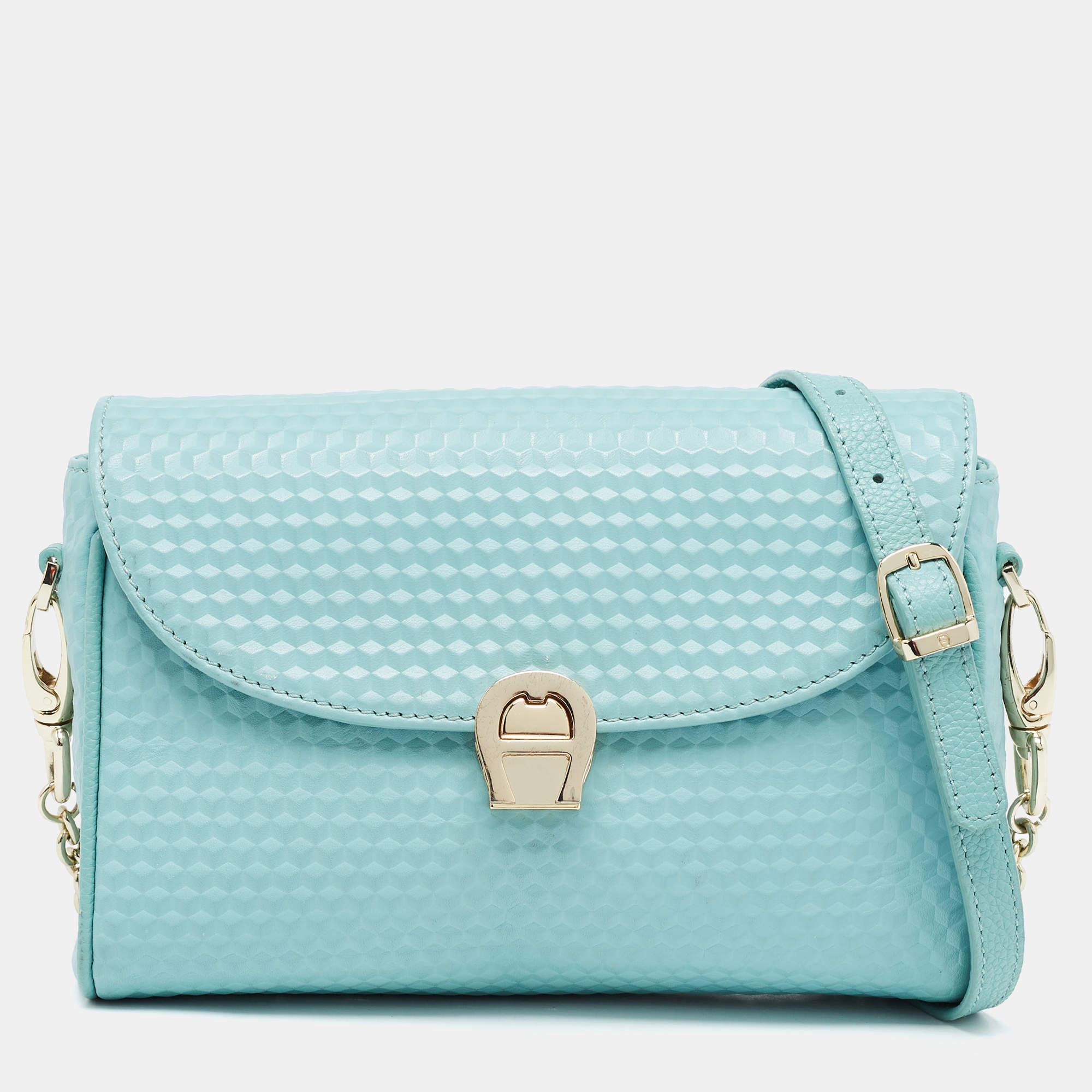 Pre Owned Aigner Light Turquoise Embossed Leather Genoveva Shoulder Bag