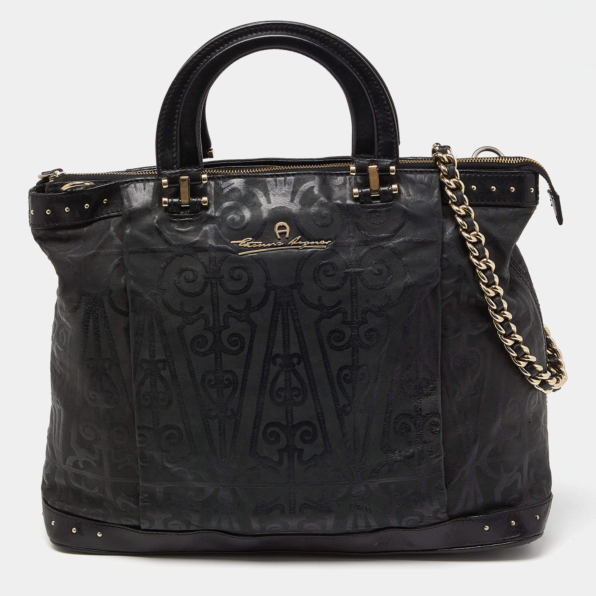 Pre Owned Aigner Black Printed Leather Studded Top Zip Tote