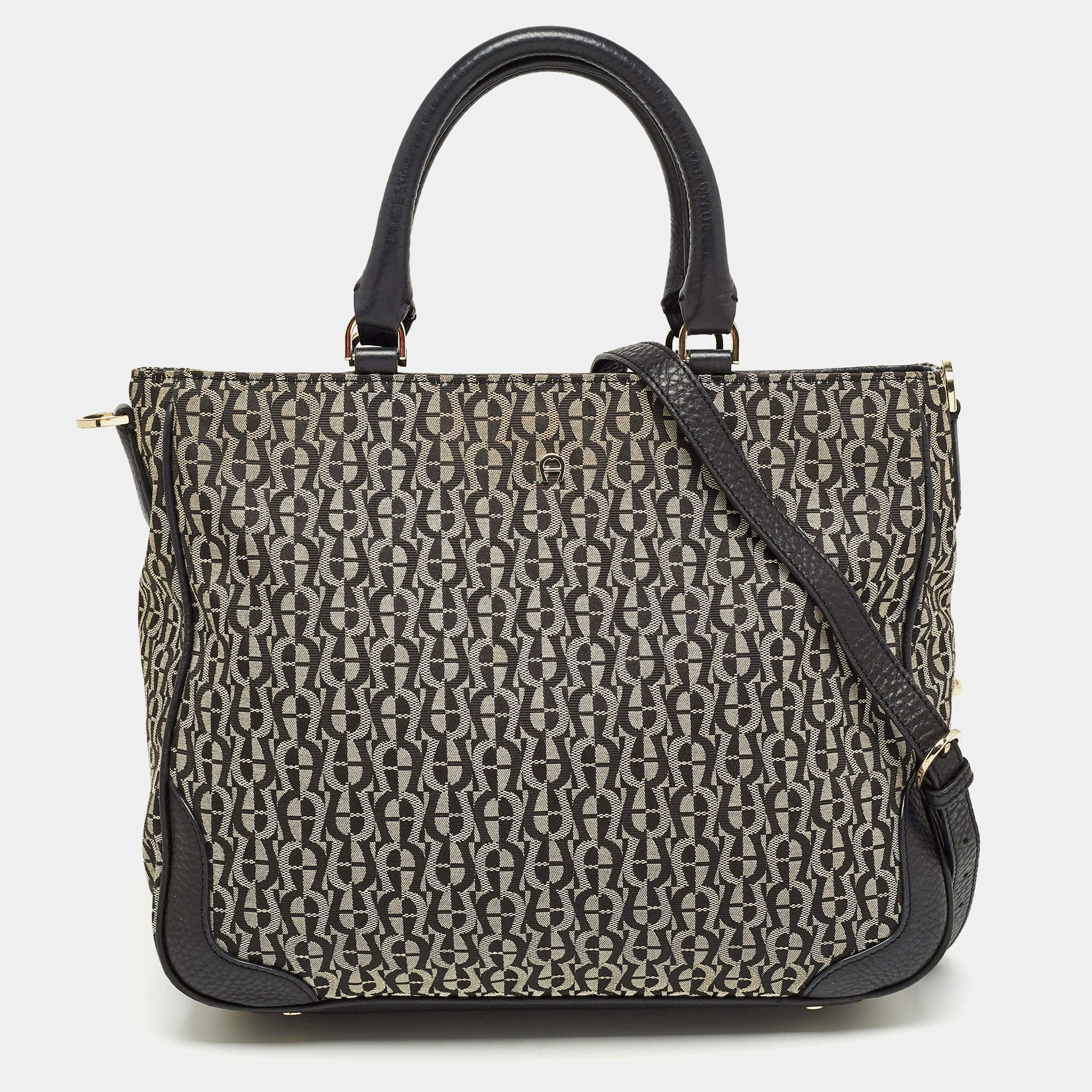 Aigner Black/Grey Signature Canvas and Leather Tote