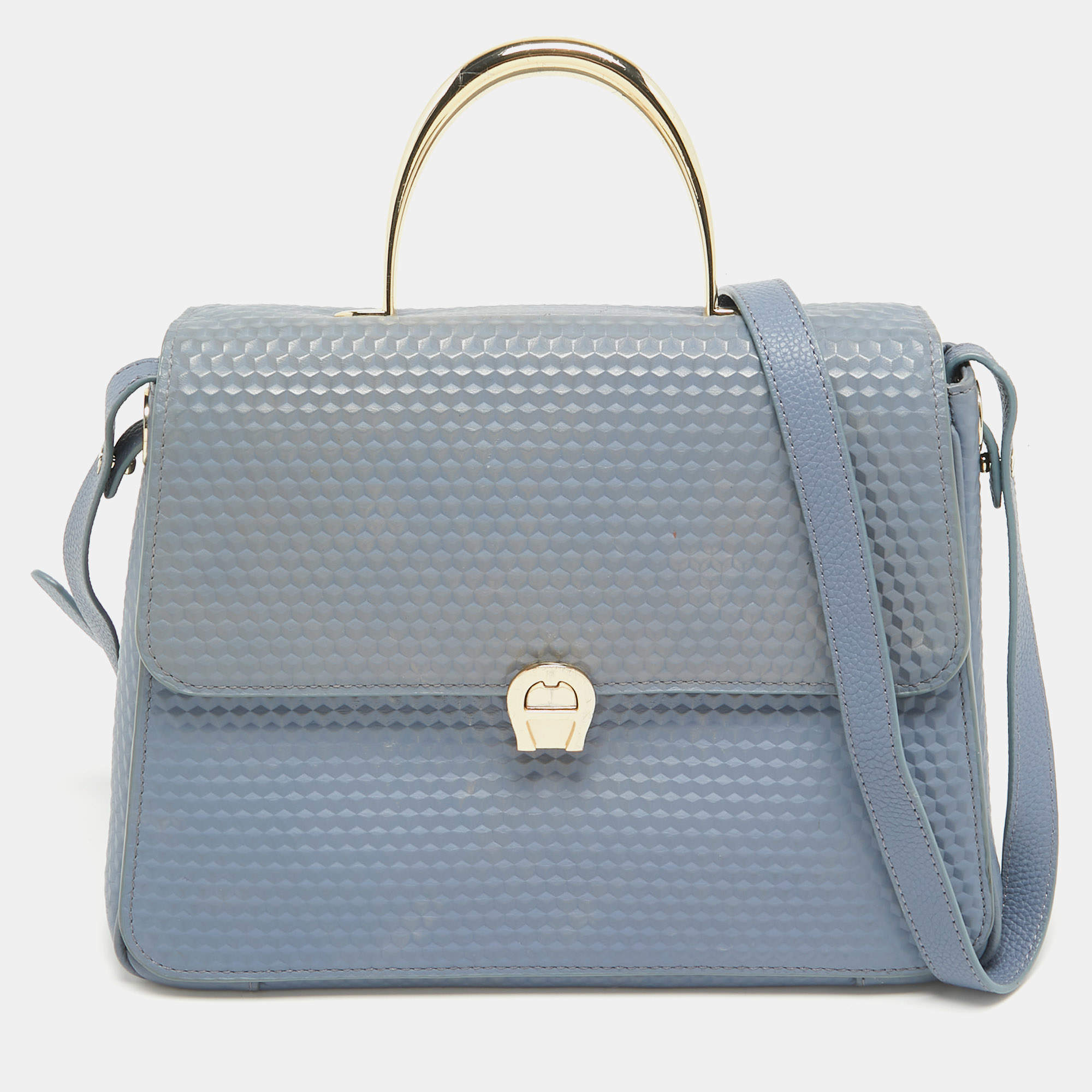 Aigner Blue Embossed Leather Genoveva M Top Handle Bag 