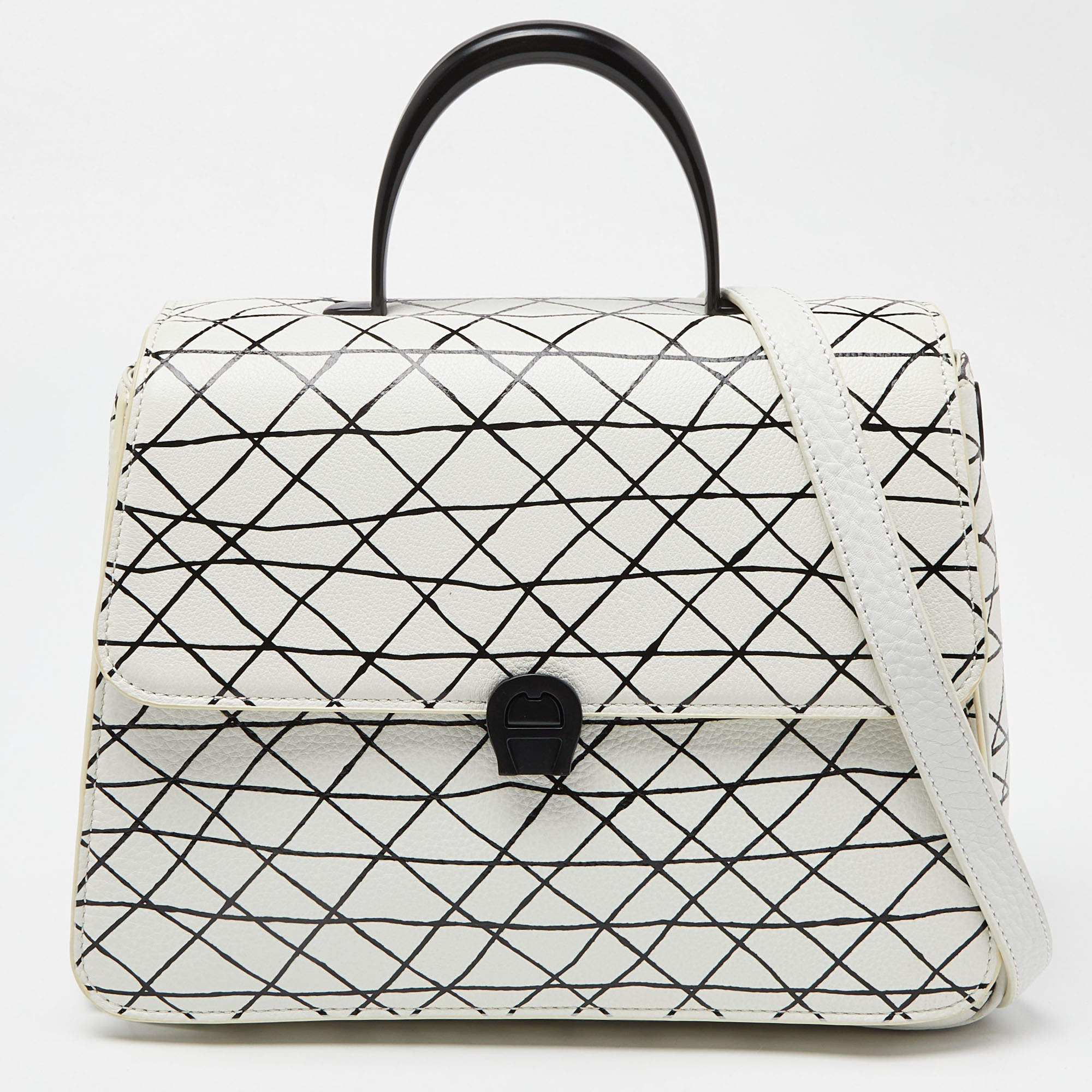 Pre Owned Aigner White/Black Leather Genoveva Top Handle Bag