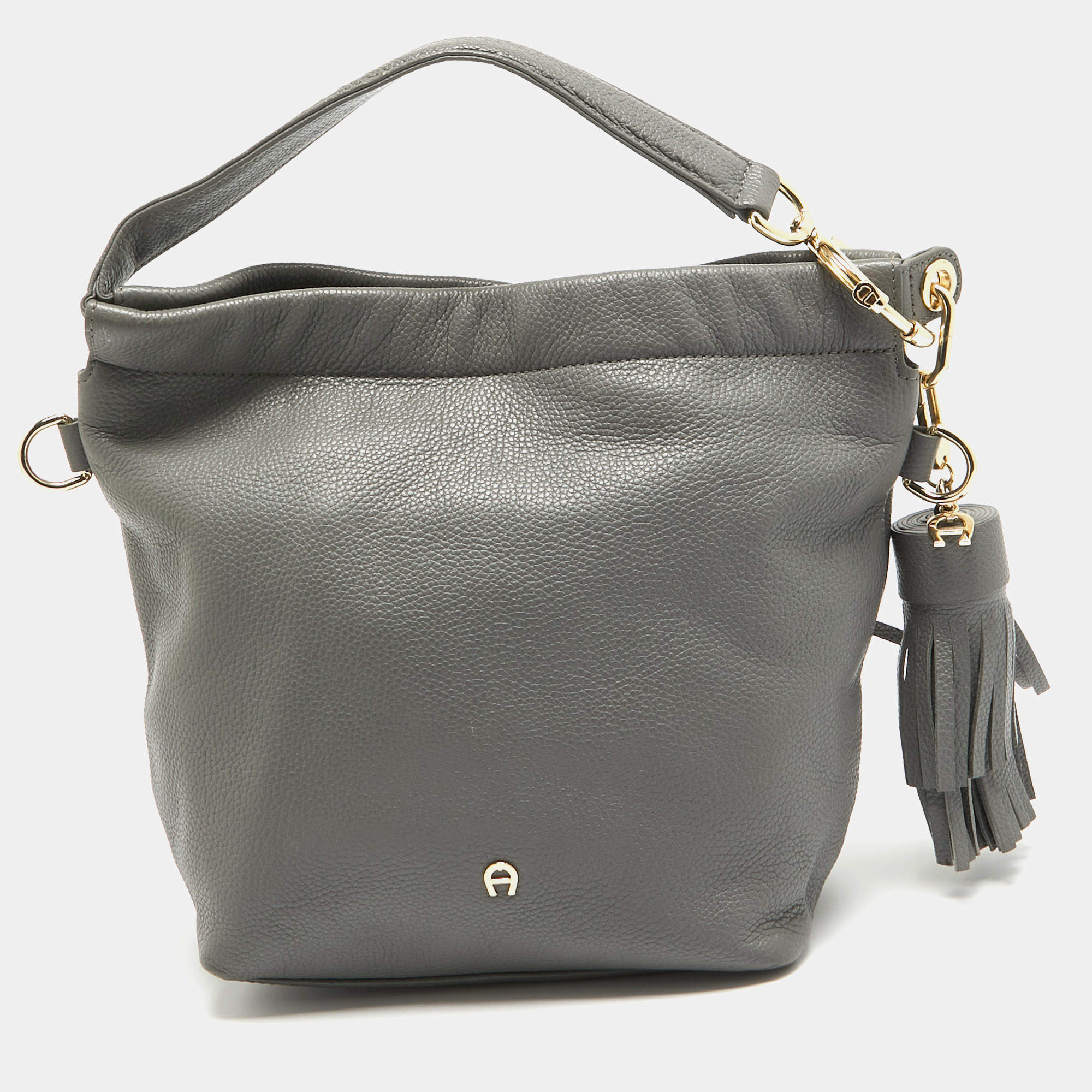 Aigner Grey Leather Tassel Charm Hobo