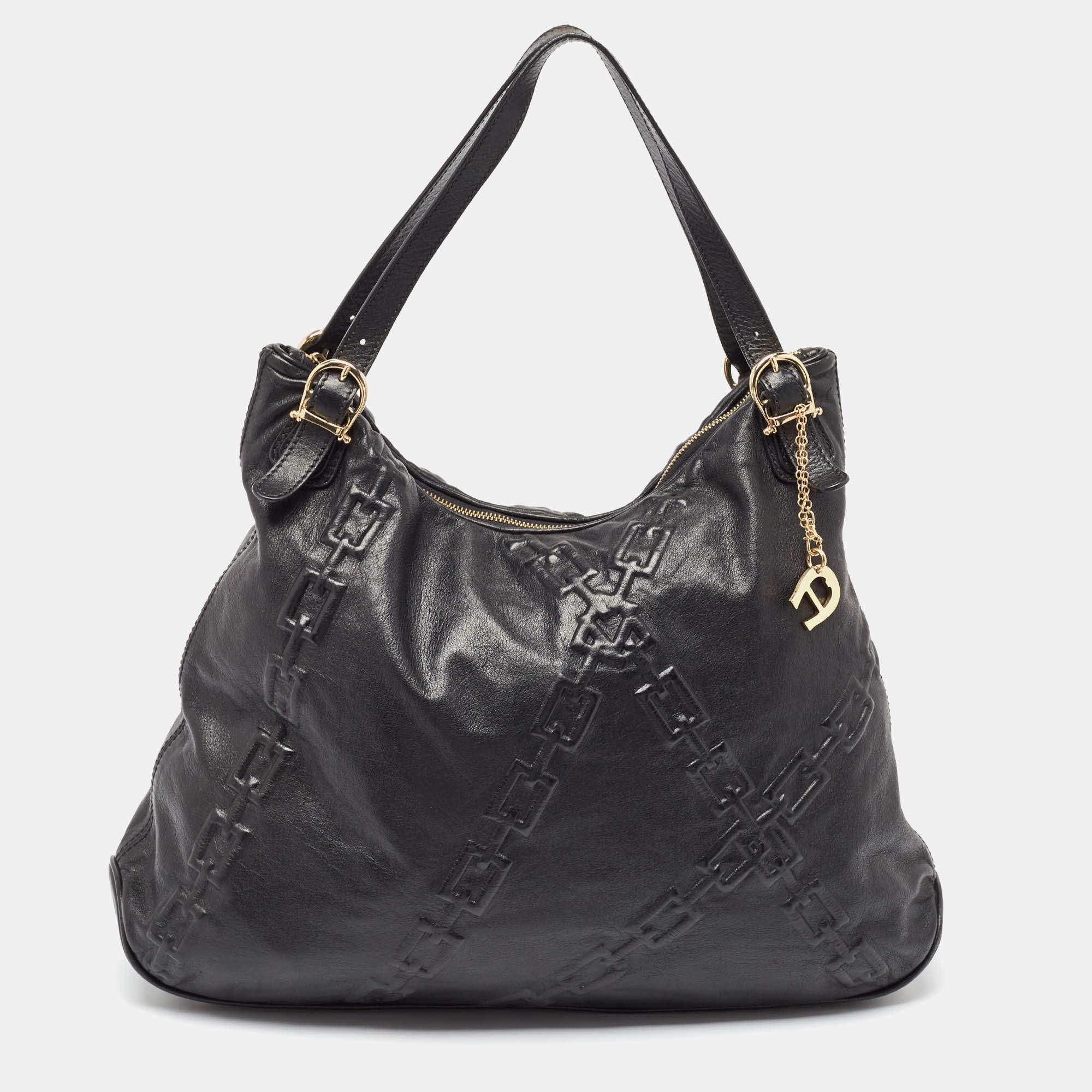 Pre Owned Aigner Black Chain Embossed Leather Hobo