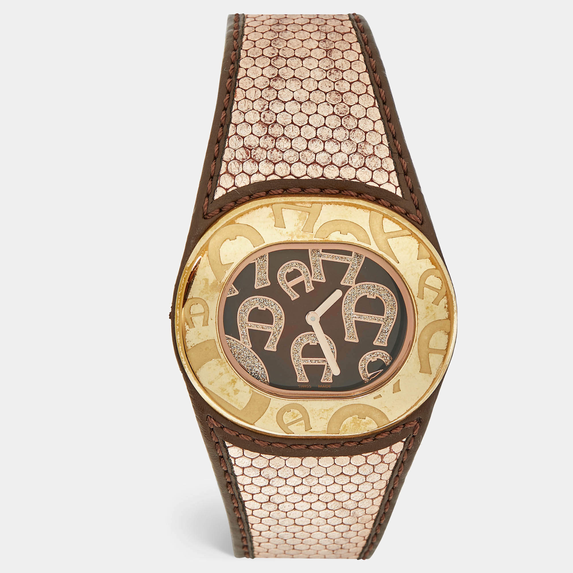 Pre Owned Aigner Brown Rose Gold Plated Stainless Steel Leather Rabello Due A39200 Women's Wristwatch 43 mm