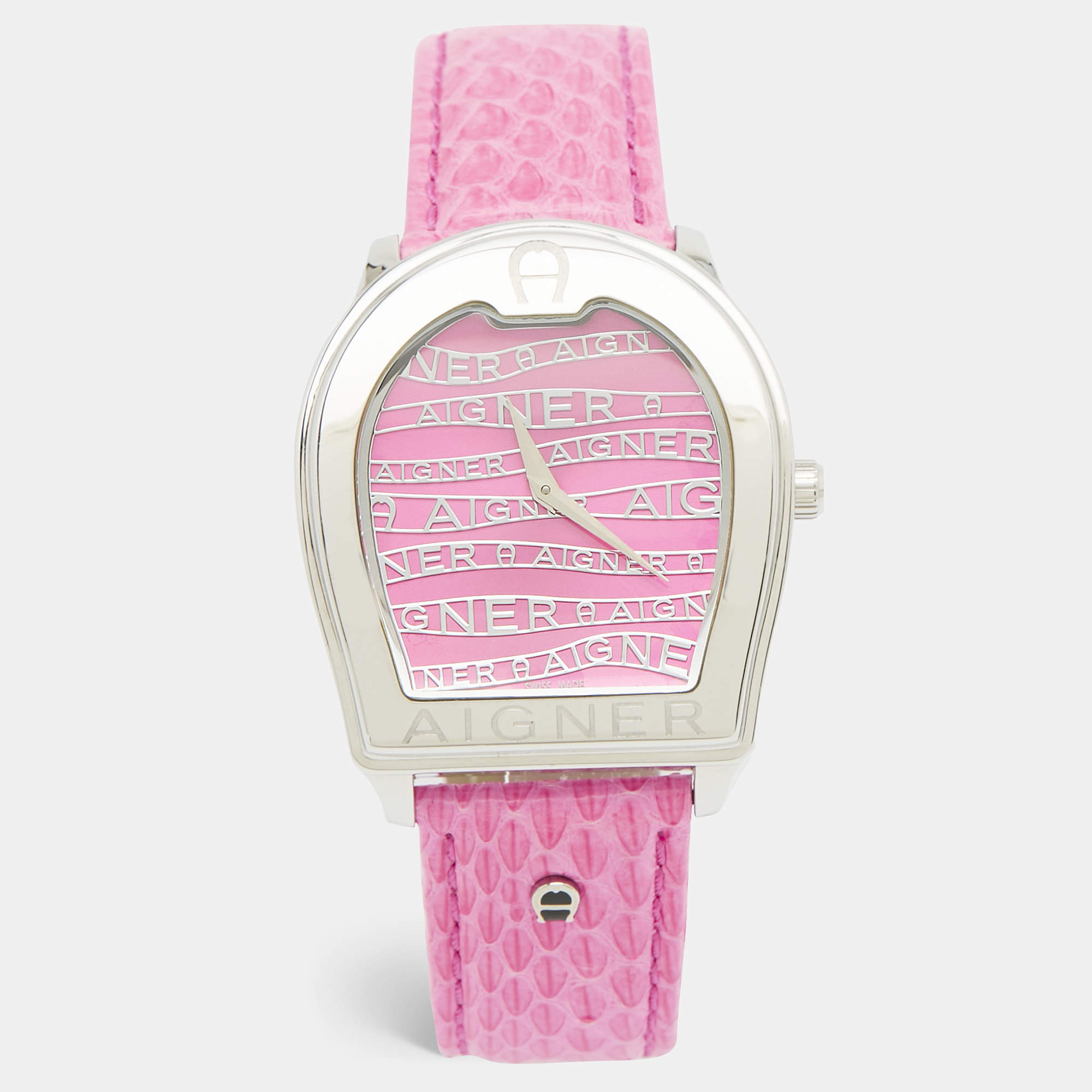 Pre Owned Aigner Pink Stainless Steel Leather Verona A48300 Women's Wristwatch 36 mm 