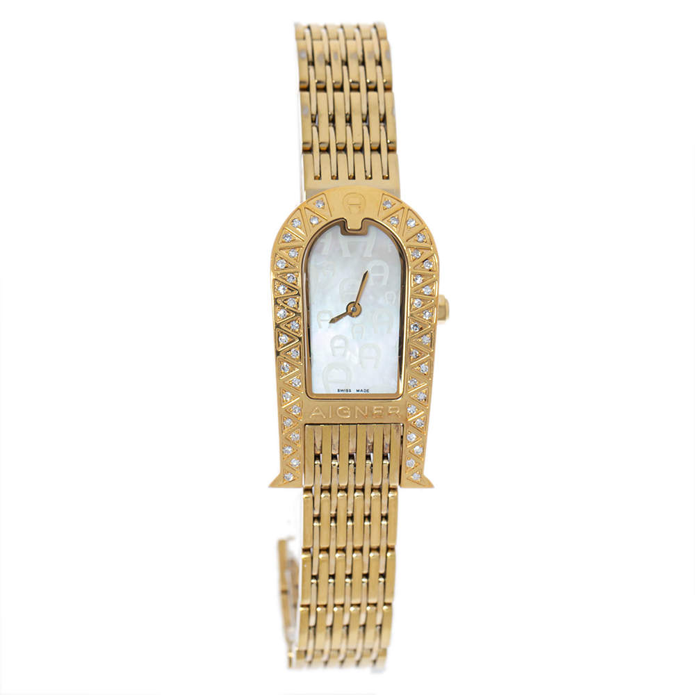 Aigner Mother of Pearl Gold Plated Stainless Steel Diamond Olbia A29000 Women's Wristwatch 21 mm