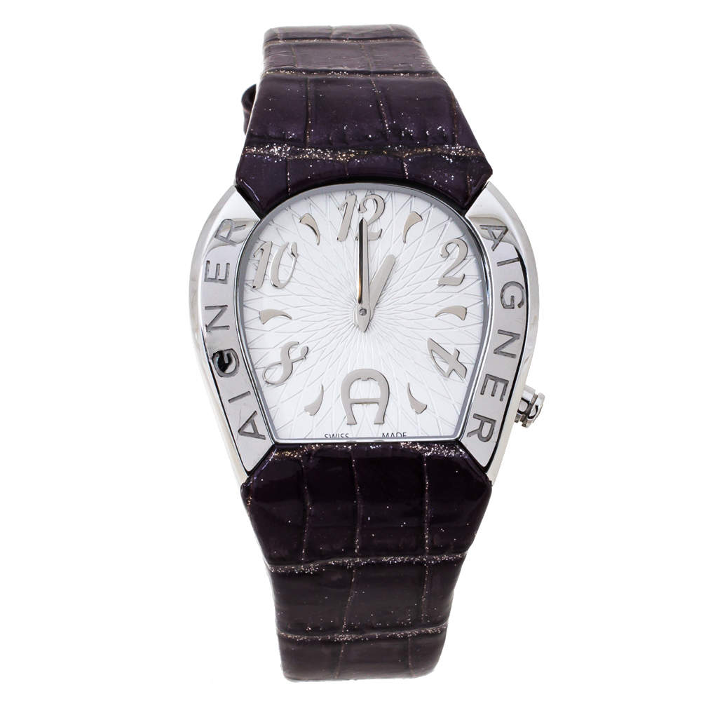 Pre Owned Aigner Silver Stainless Steel and Leather Cremona A40200 Women's Wristwatch 36 mm