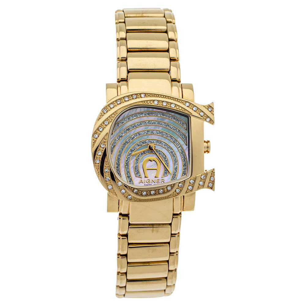 مملوكة مسبقًا Aigner White Mother of Pearl Gold Plated Stainless Steel Diamonds Genua Due A31600 Women's Wristwatch 31 mm