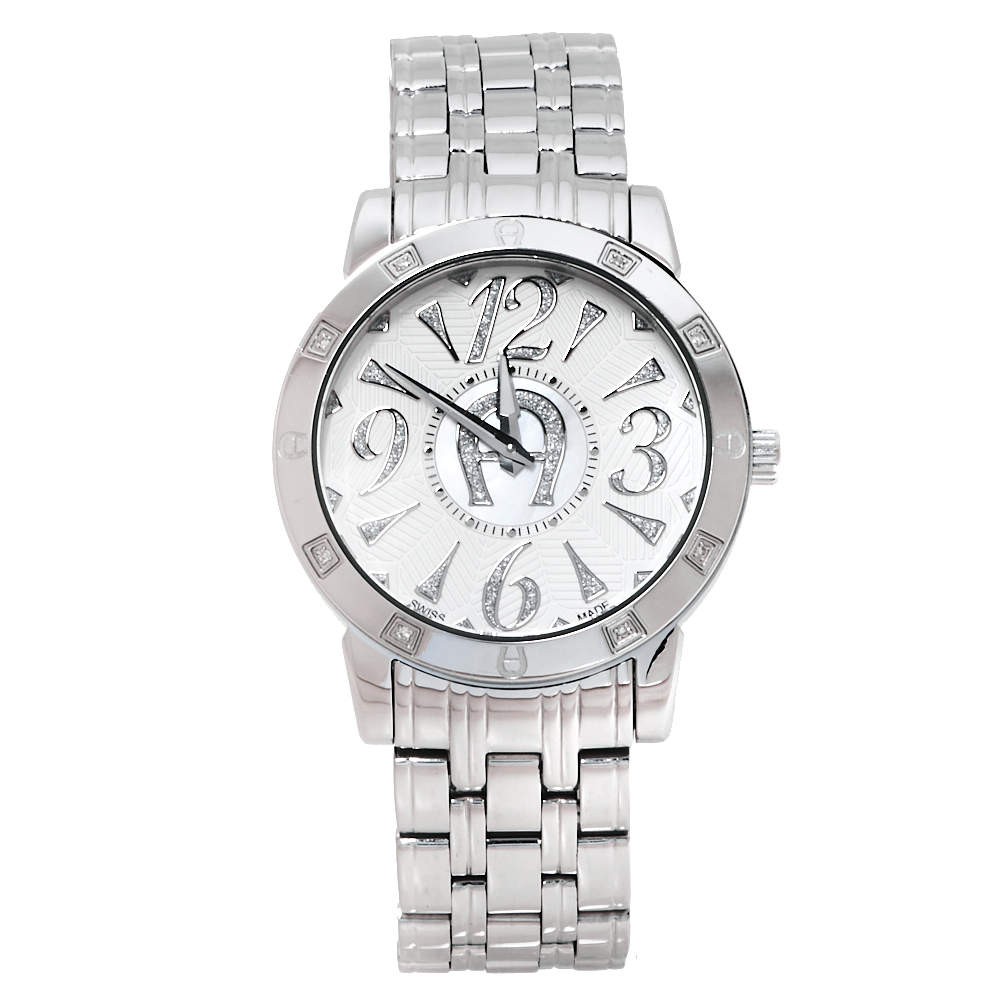 Aigner Silver White Mother Of Pearl Stainless Steel Diamonds Cortina ...