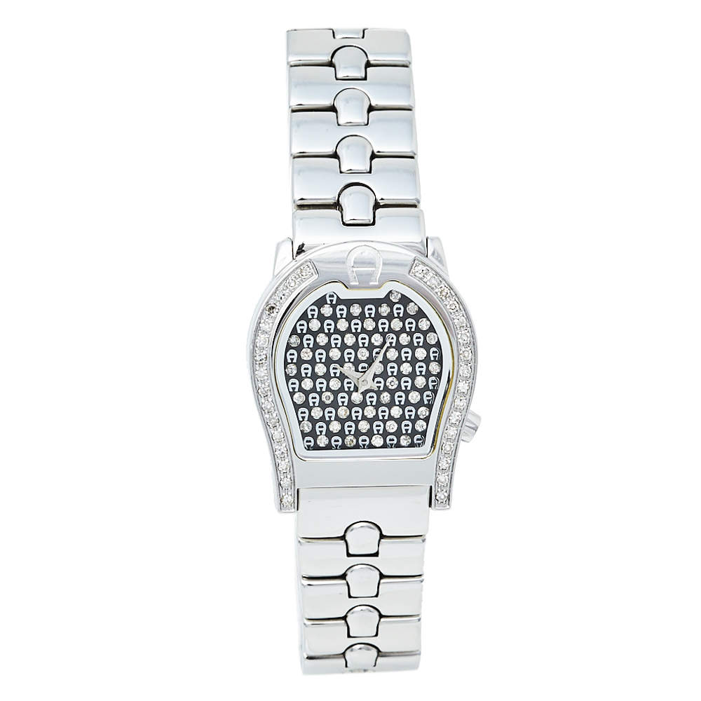 Pre Owned Aigner Black Stainless Steel Diamonds Verona A01200 Women's Wristwatch 24 mm