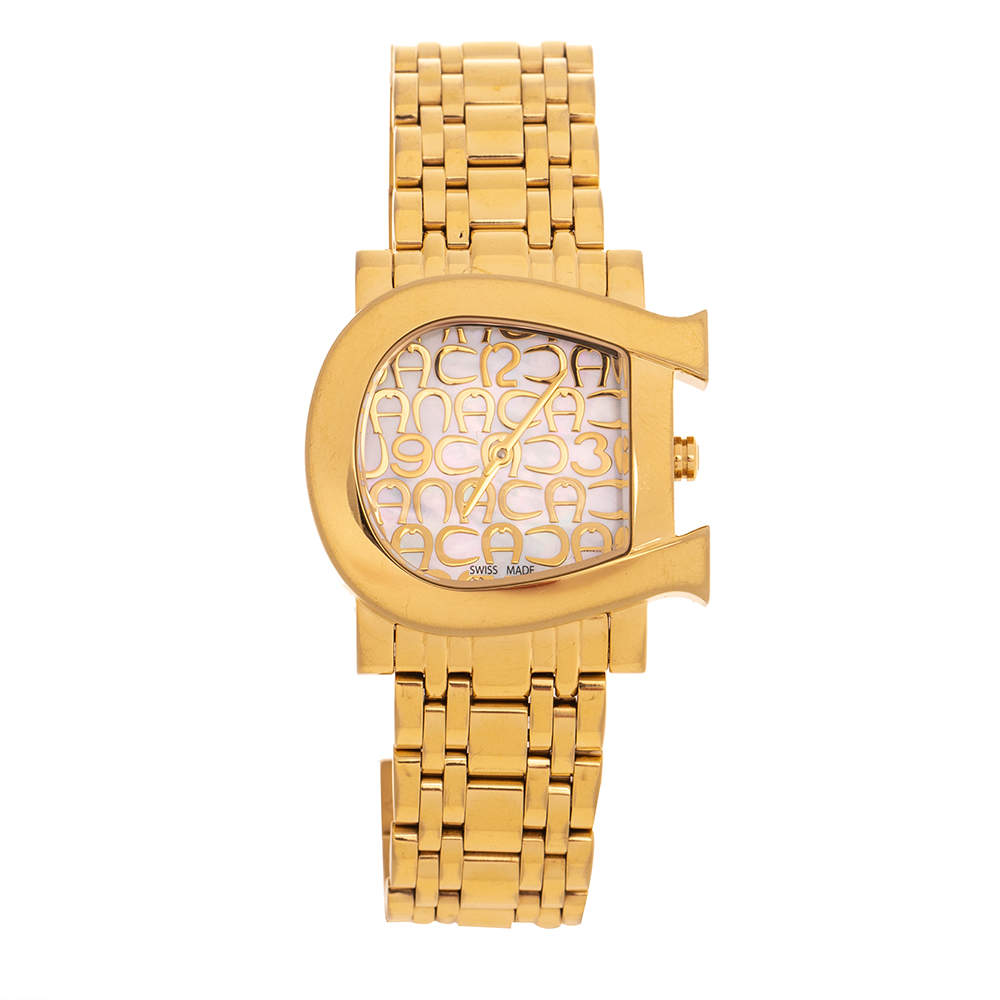 Pre Owned Aigner Mother Of Pearl Gold Tone Stainless Steel Genua Due A31600 Women's Wristwatch 31 mm