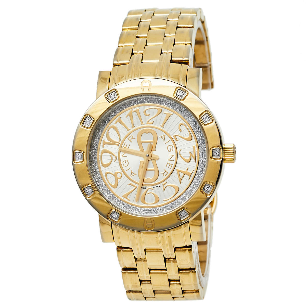 Pre Owned Aigner Gold Tone Stainless Steel Diamonds Cortina A26300 Women's Wristwatch 35 mm
