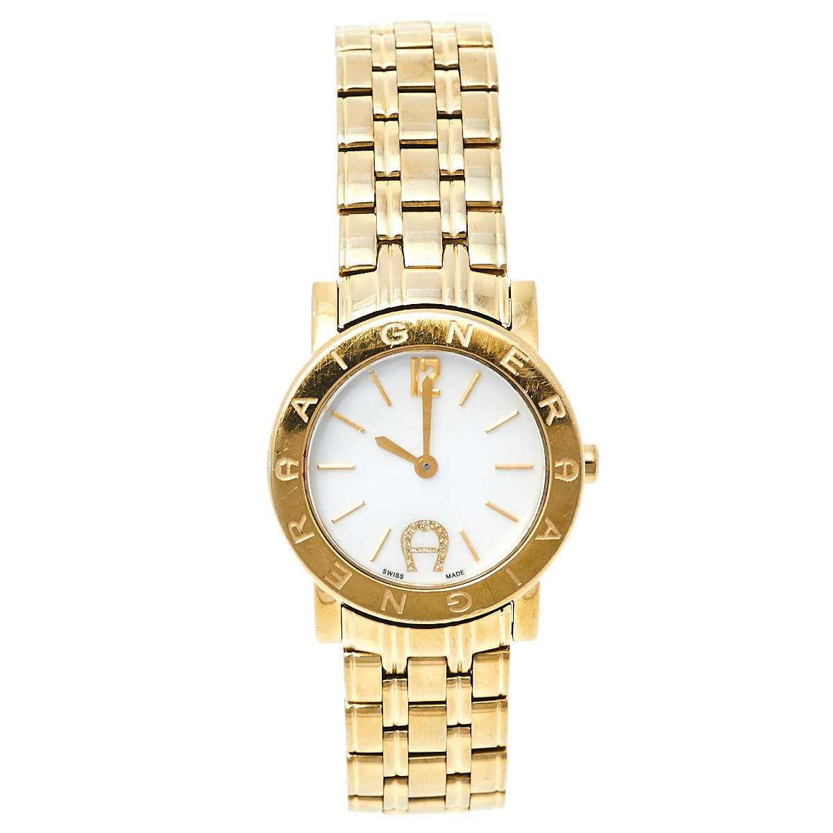 Pre Owned Aigner White Mother of Pearl Gold Plated Stainless Steel Cortina A26200 Women's Wristwatch 29 mm