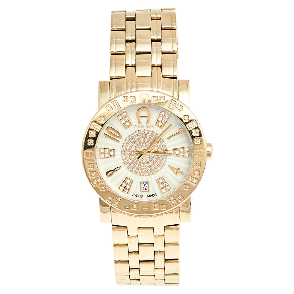 Aigner Mother of Pearl Gold Plated Stainless Steel Cortina A26100 Women's Wristwatch 38 mm