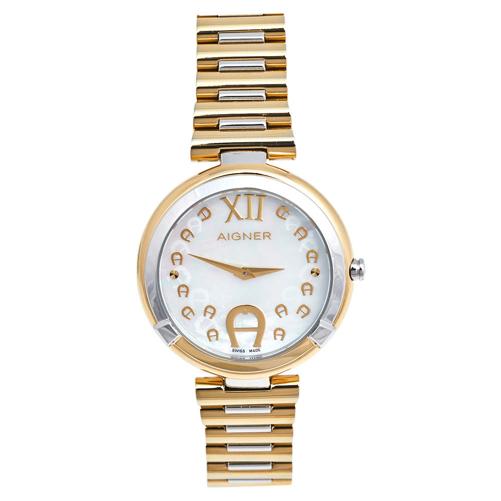 Pre Owned Aigner Mother of Pearl Two Tone Stainless Steel Gorizia A106200 Women's Wristwatch 33 mm