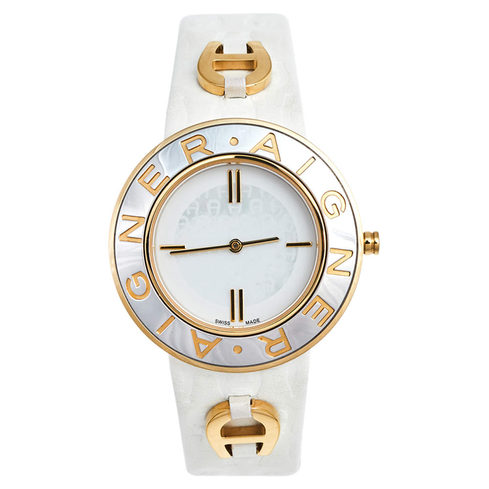 Pre Owned Aigner Mother of Pearl Two Tone Stainless Steel Leather Aversa A51300 Women's Wristwatch 35 mm