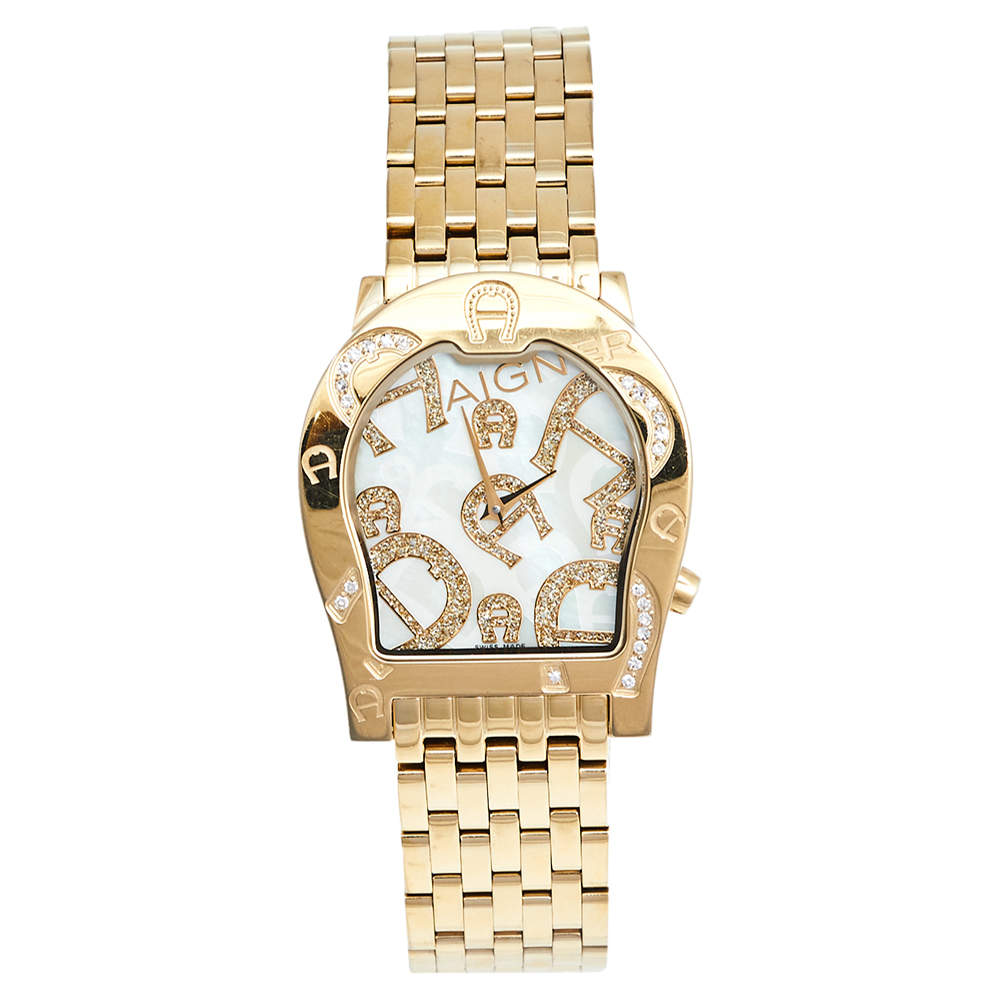 مملوكة مسبقًا Aigner Mother of Pearl Gold Plated Stainless Steel Ravenna Nuovo A25100 Women's Wristwatch 33 mm