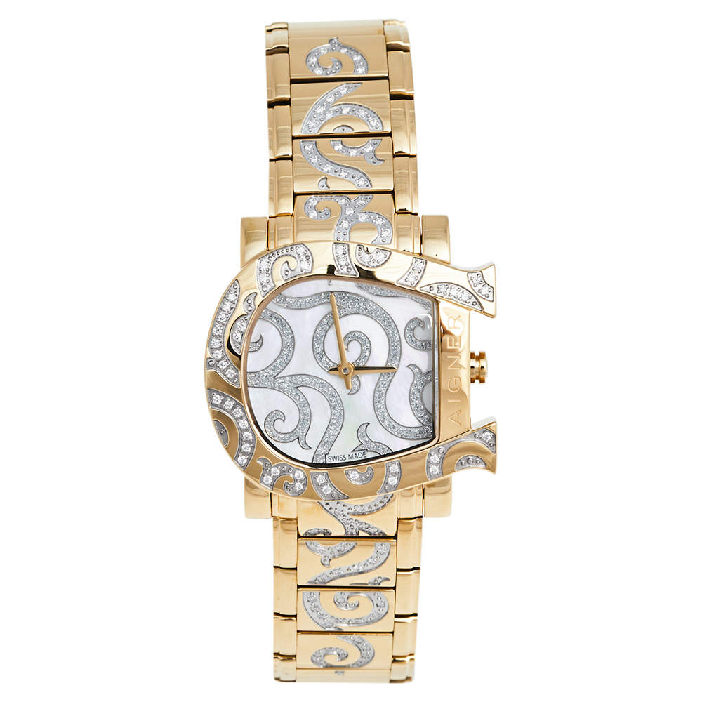 مملوكة مسبقًا Aigner Mother of Pearl Gold Plated Stainless Steel Genua Due A31600 Women's Wristwatch 33 mm