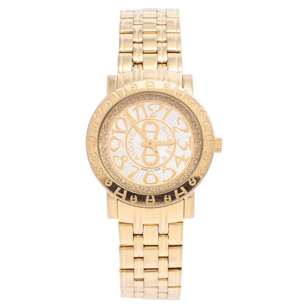 Pre Owned Aigner Champagne Gold Plated Stainless Steel Cortina A26300 Women's Wristwatch 35 mm 