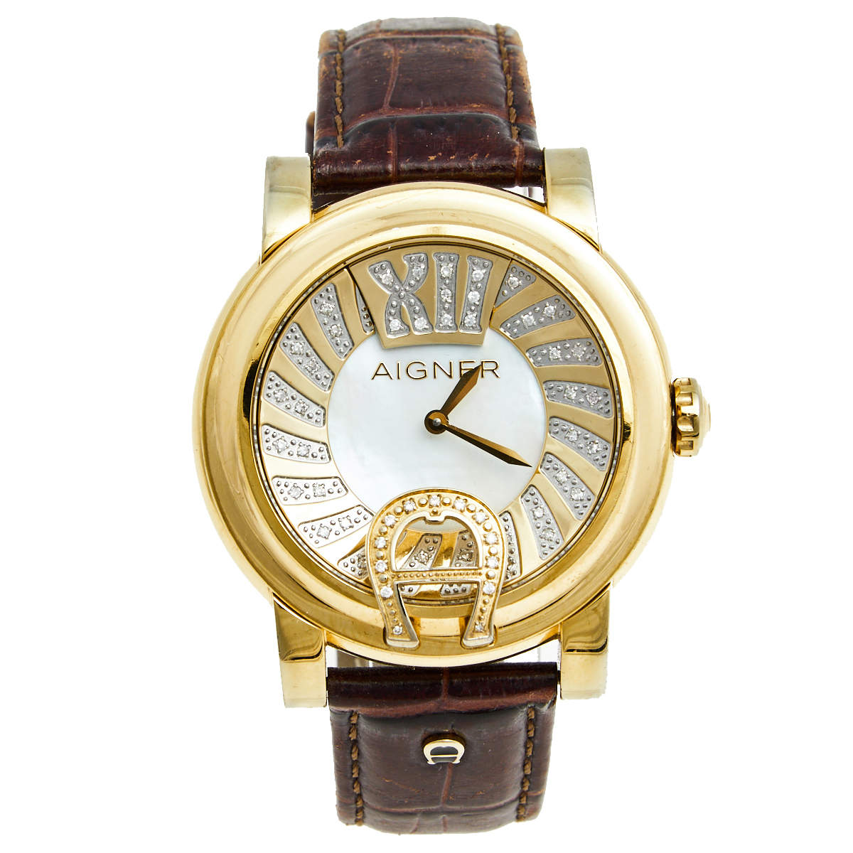 Pre Owned Aigner Mother Of Pearl Gold Plated Stainless Steel Leather Bari Donna A37200 Women's Wristwatch 41 mm