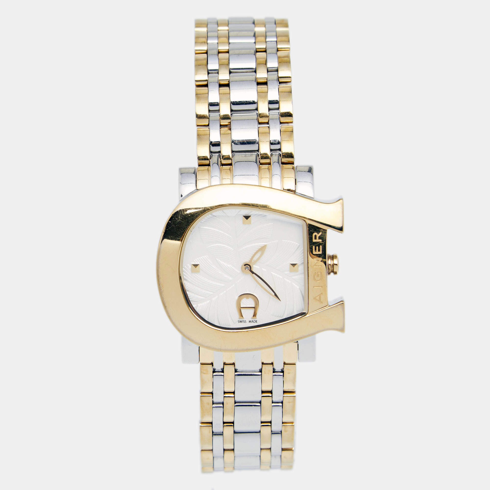 Pre Owned Aigner White Leaves Two-Tone Stainless Steel Genua Due A31600 Women's Wristwatch 31 mm