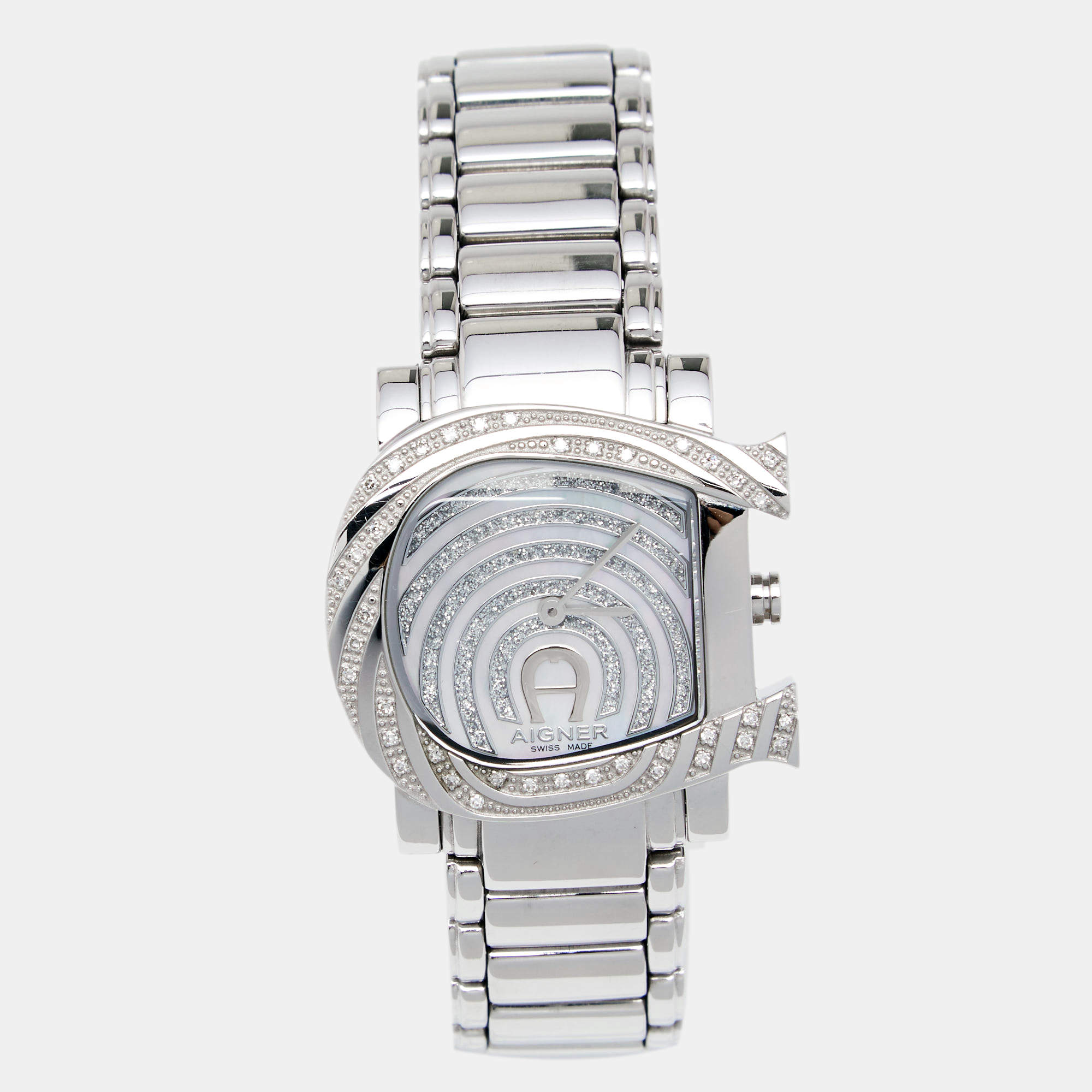 Pre Owned Aigner White Mother of Pearl Stainless Steel Diamonds Genua Due A31600 Women's Wristwatch 31 mm
