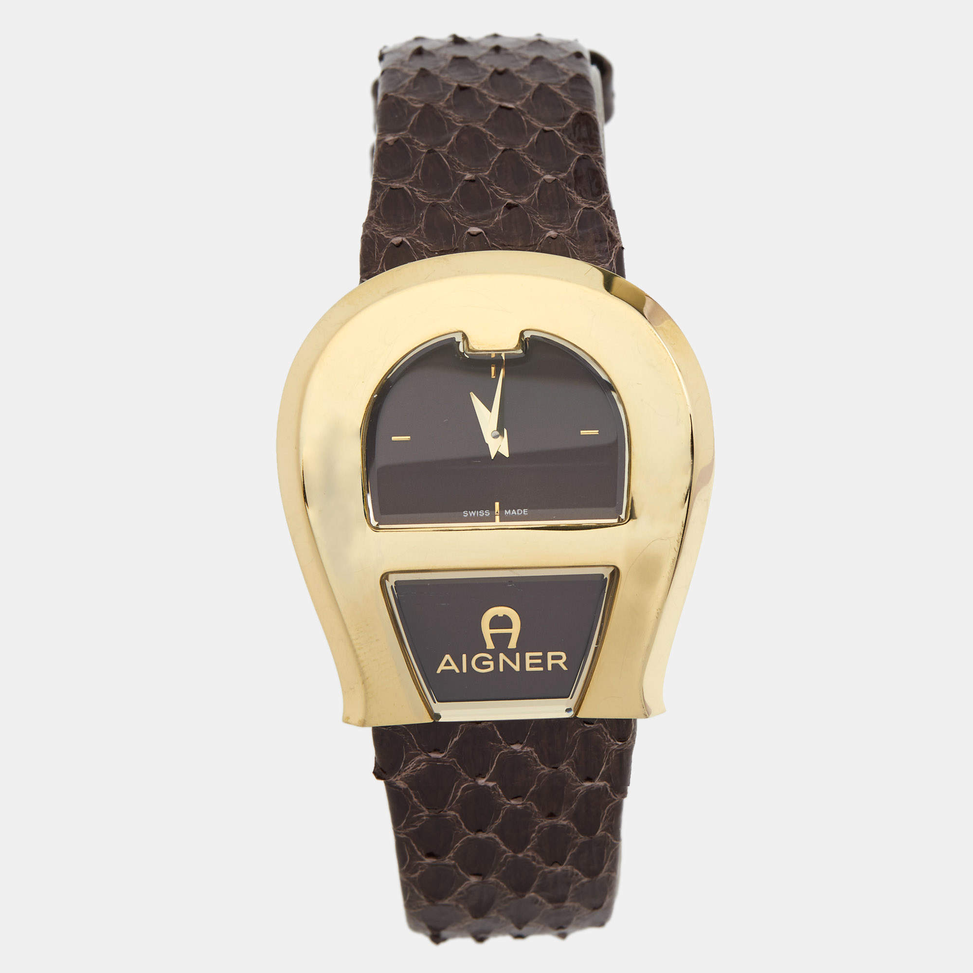 Pre Owned Aigner Brown Gold Plated Stainless Steel Leather Venezia A39200 Women's Wristwatch 36 mm