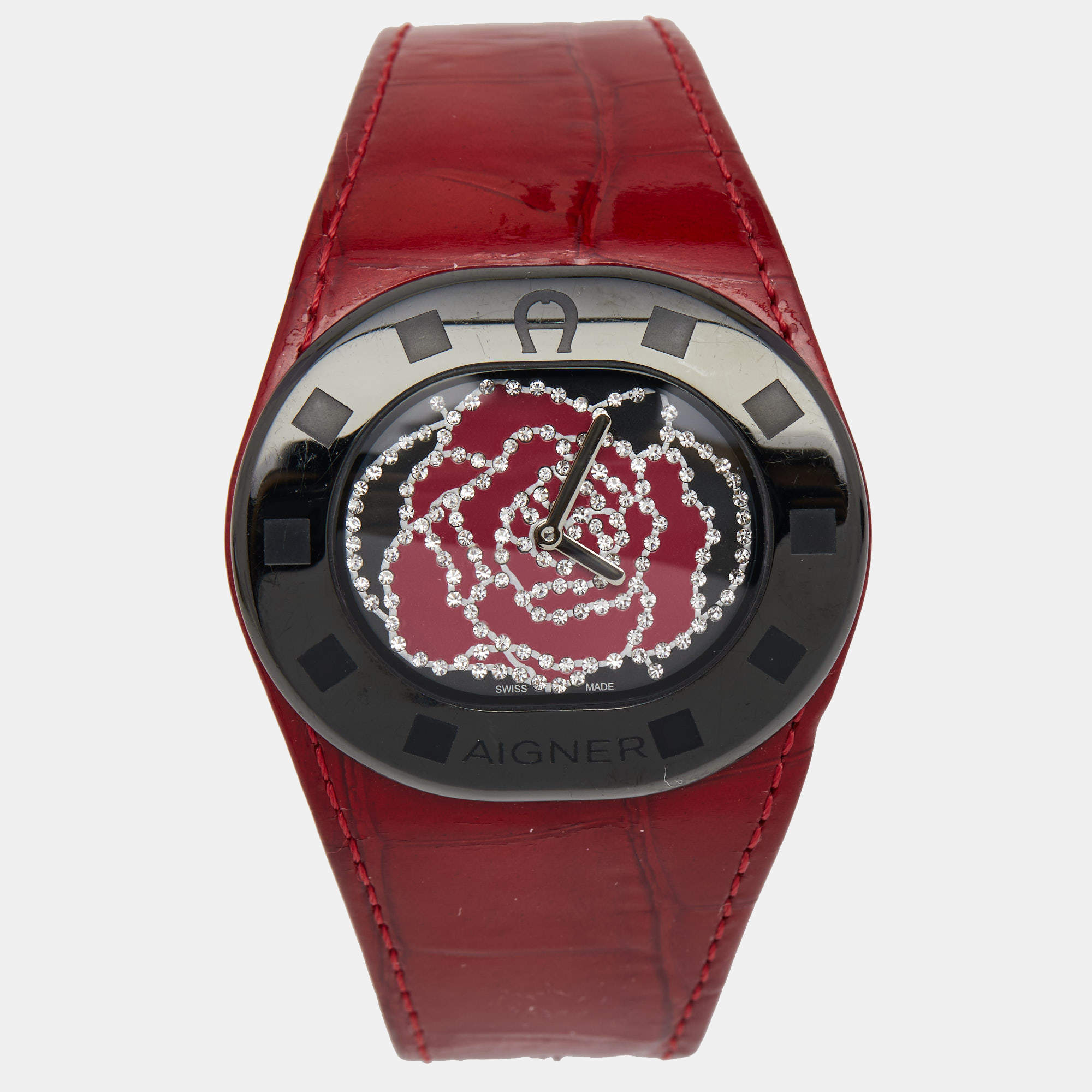 مملوكة مسبقًا Aigner Red Black PVD Coated Stainless Steel Leather Ravello Due A21000 Women's Wristwatch 43 mm