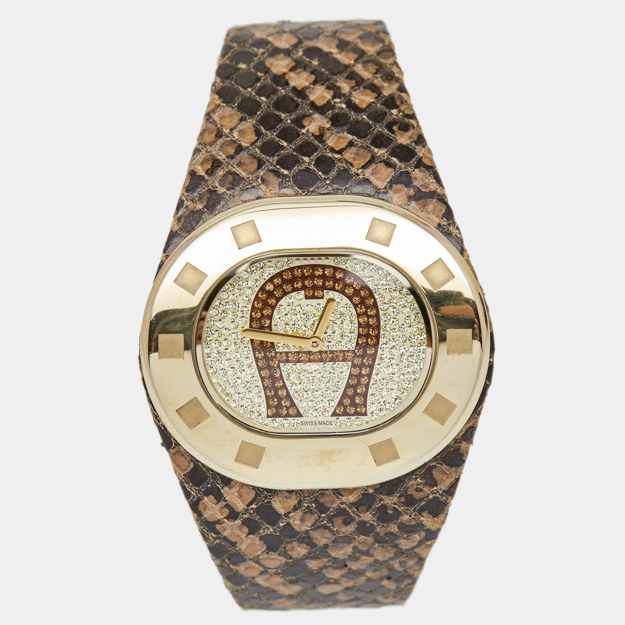 Pre Owned Aigner Crystal Paved Gold Plated Stainless Steel Leather Ravello Due A21000 Women's Wristwatch 43 mm
