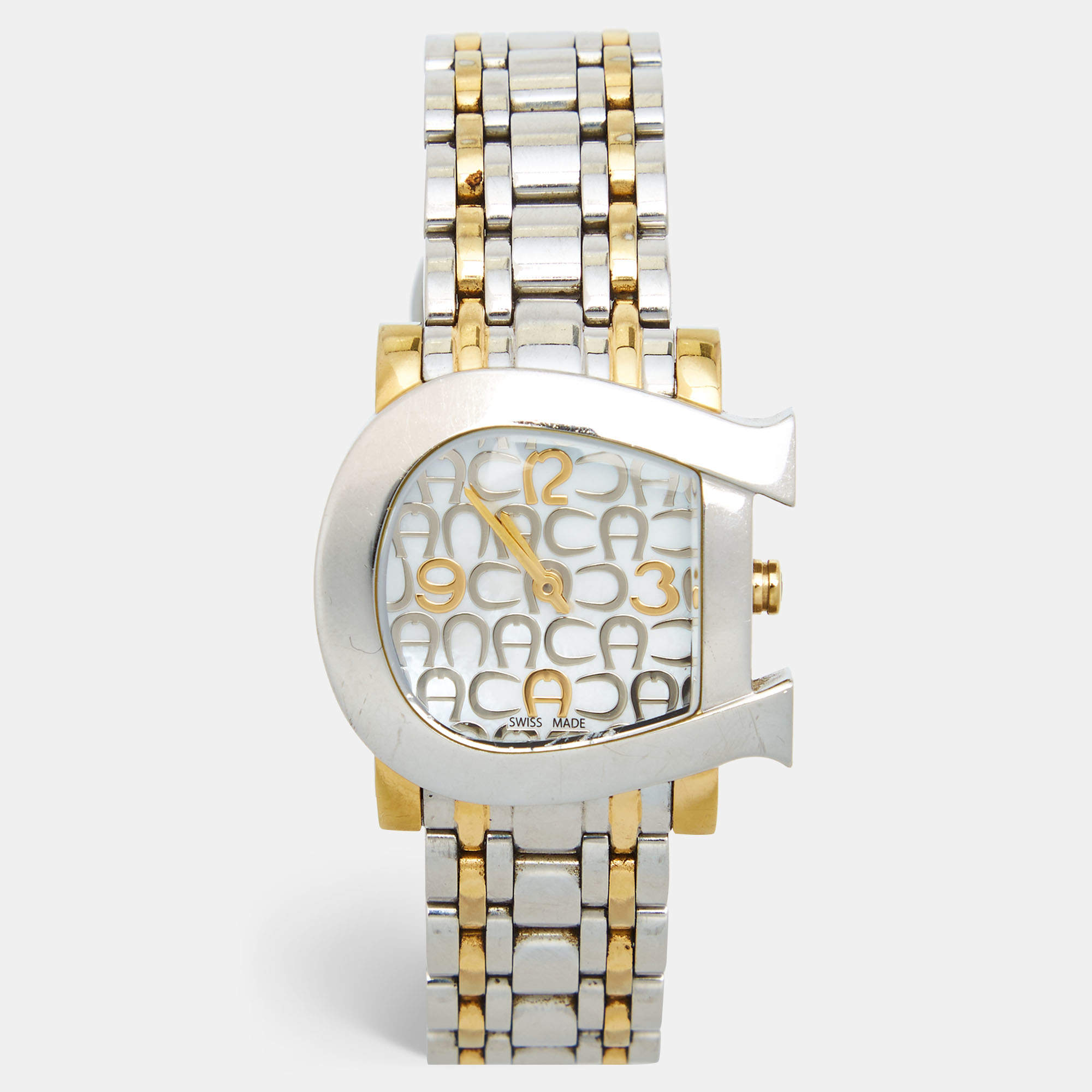 Pre Owned Aigner Mother of Pearl Two Tone Stainless Steel Genua Due A31600 Women's Wristwatch 31 mm