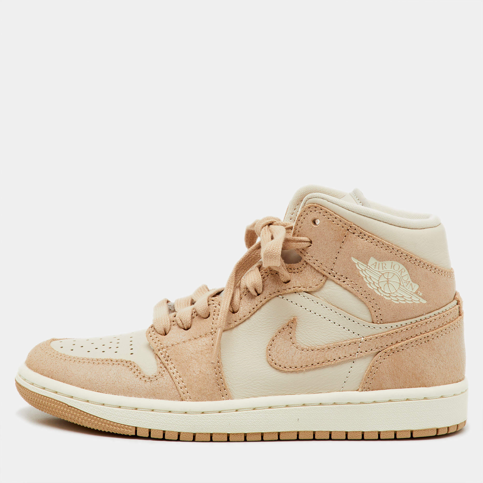 Pre Owned Air Jordans Light Brown Leather Legend Air Jordan 1 Mid Top Sneakers Size 36