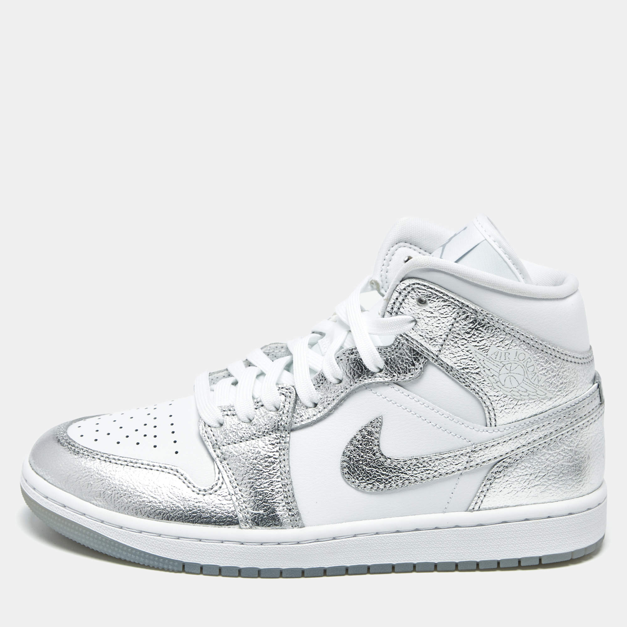 Pre Owned Air Jordans Jordan 1 SE Metallic Size 40.5 Silver/White Leather Mid Top Sneakers