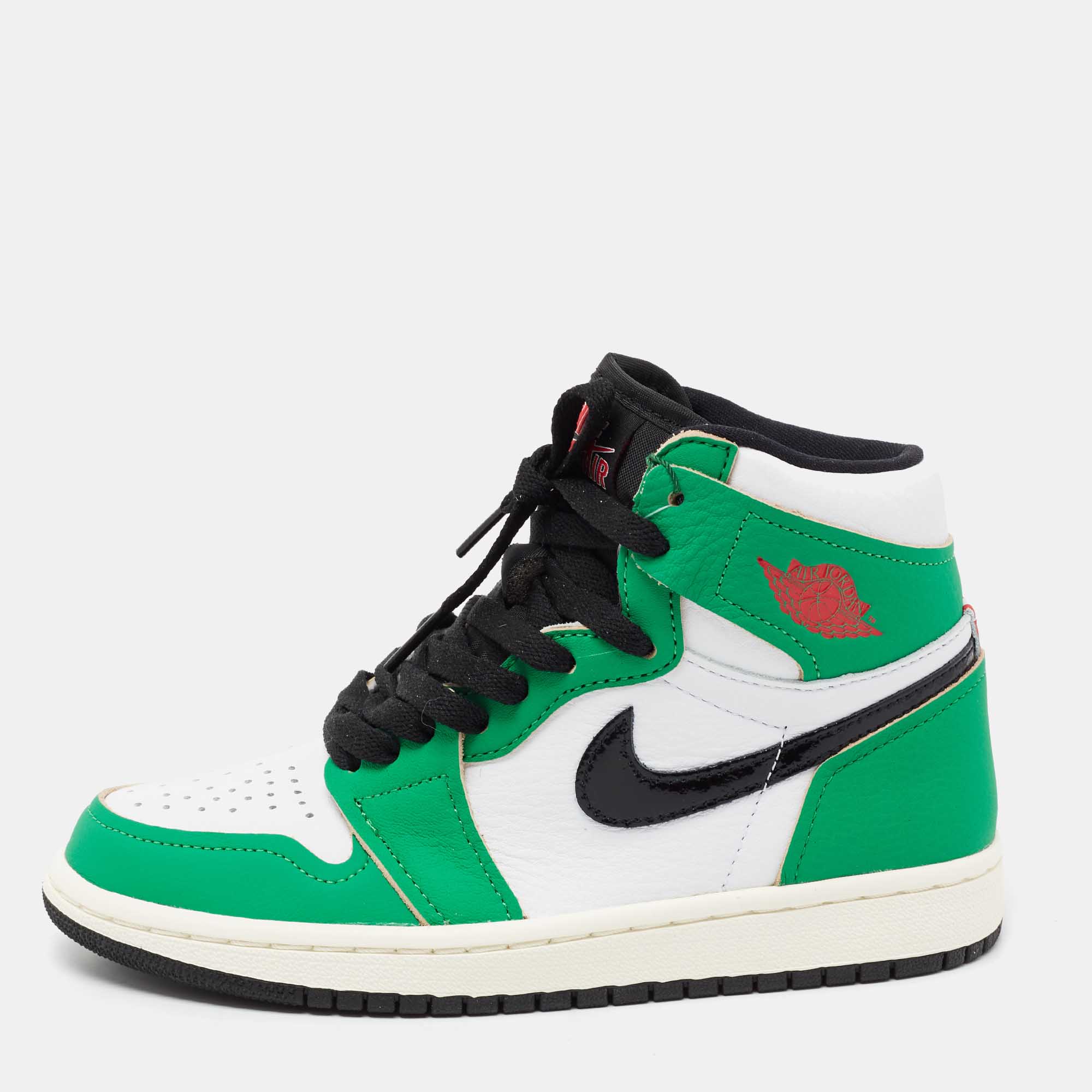 Pre Owned Air Jordans Green/White Leather 1 Retro High Top Sneakers Size 38.5