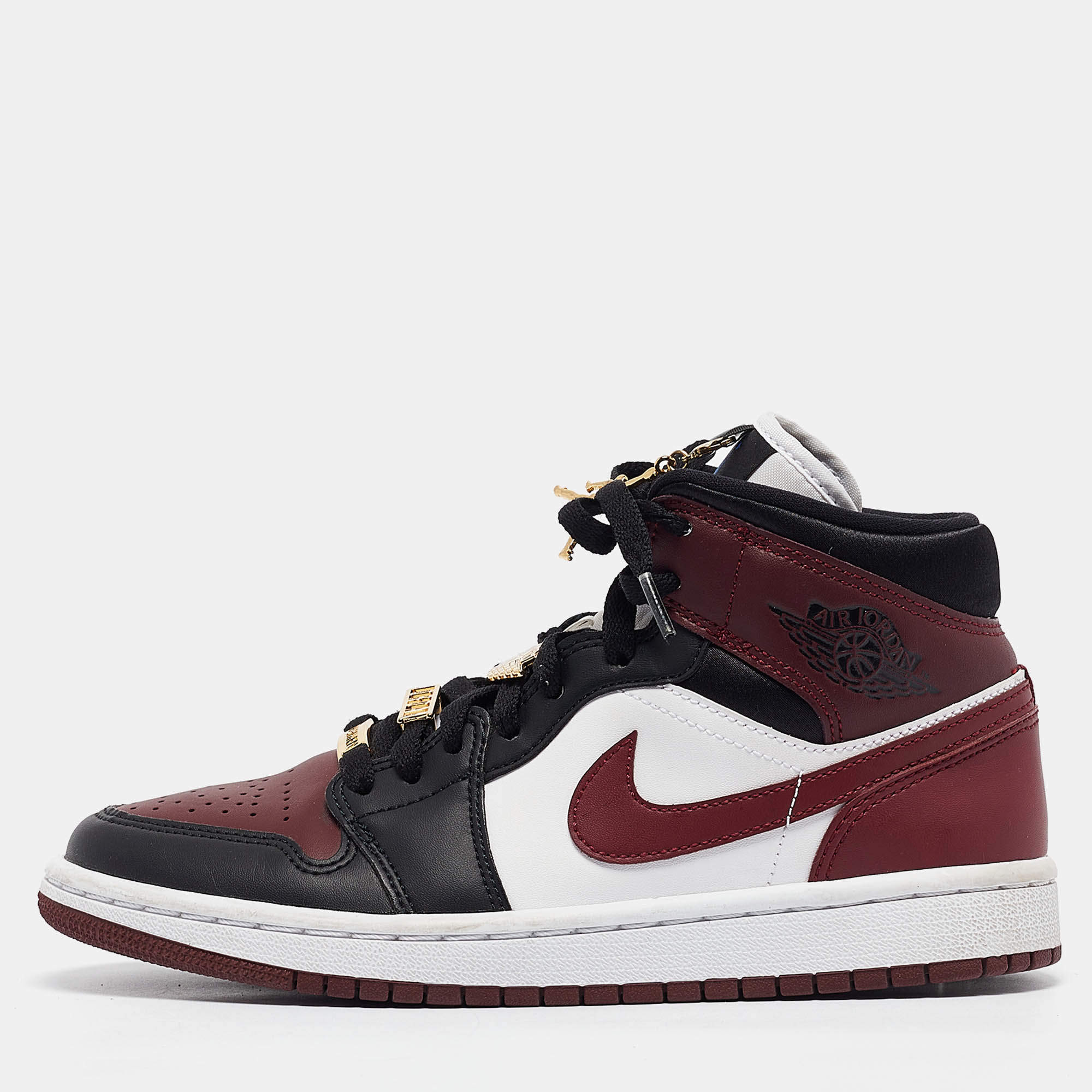 Pre Owned Air Jordans Multicolor Leather Jordan 1 Mid SE Black Dark Beetroot Sneakers Size 38