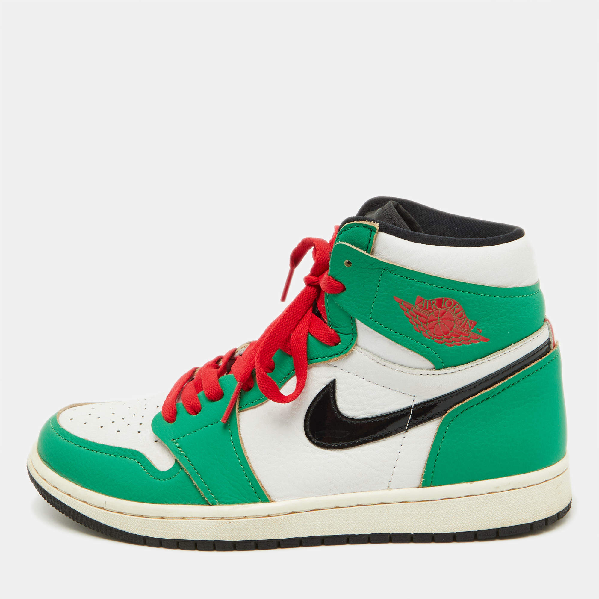 Air Jordans Green/White Leather Jordan 1 Retro High Lucky Green Boston Sneakers Size 40.5