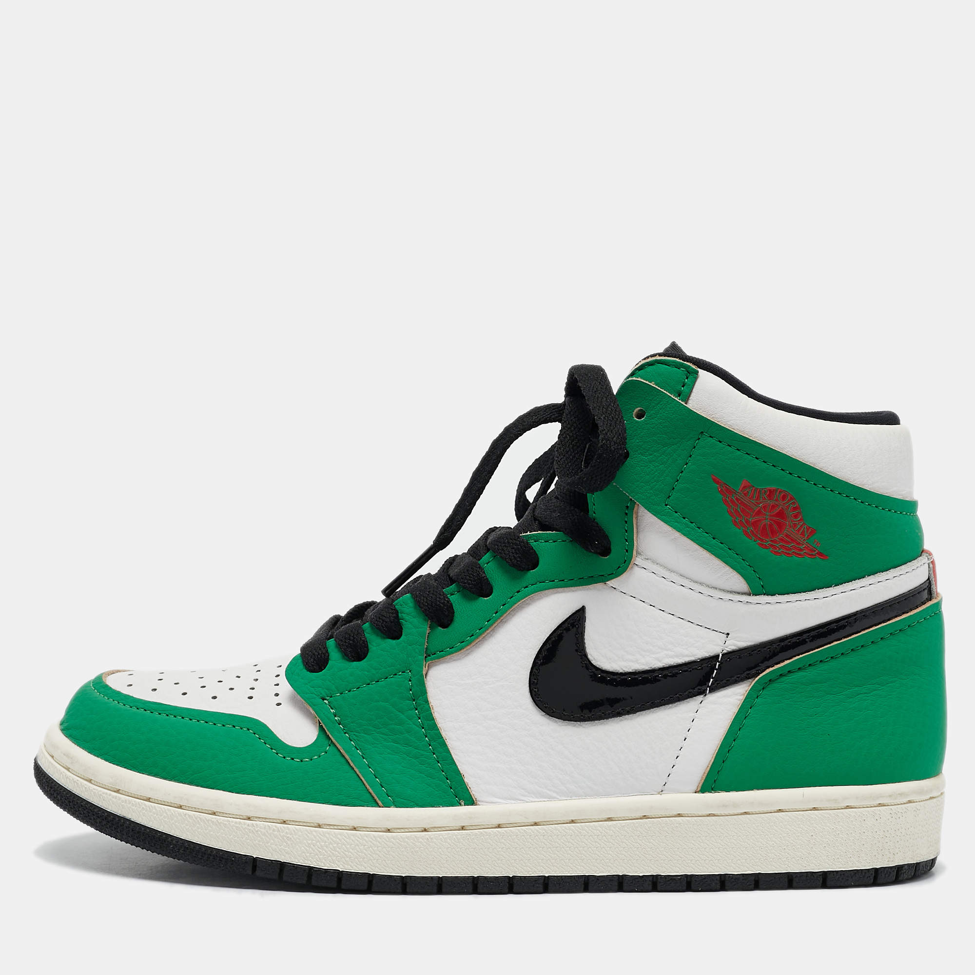 Pre Owned Air Jordans Green/White Leather Jordan 1 Retro High Lucky Green Sneakers Size 38.5
