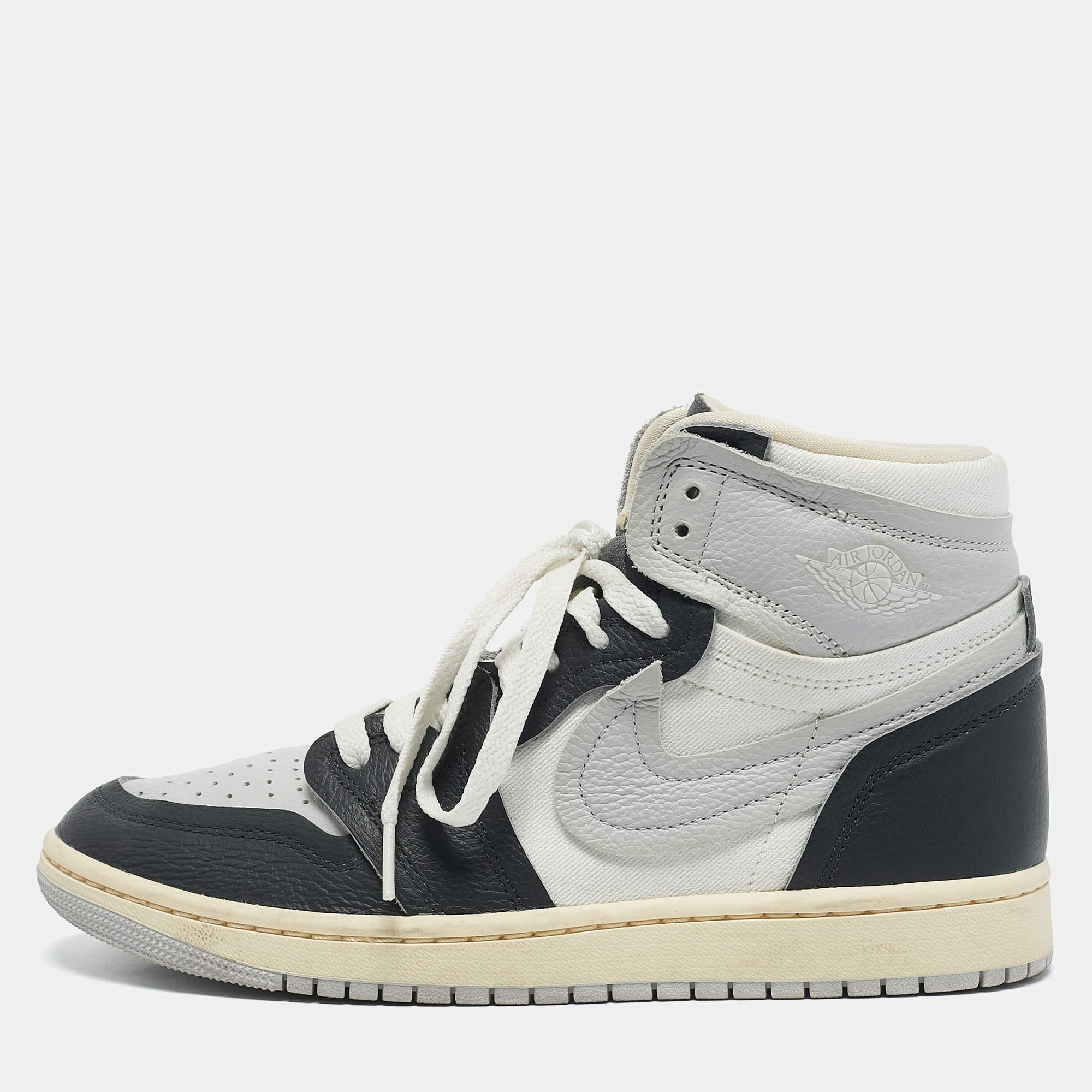 Air Jordans Grey/Black Canvas and Leather Air Jordan 1 High Top Sneakers Size 39