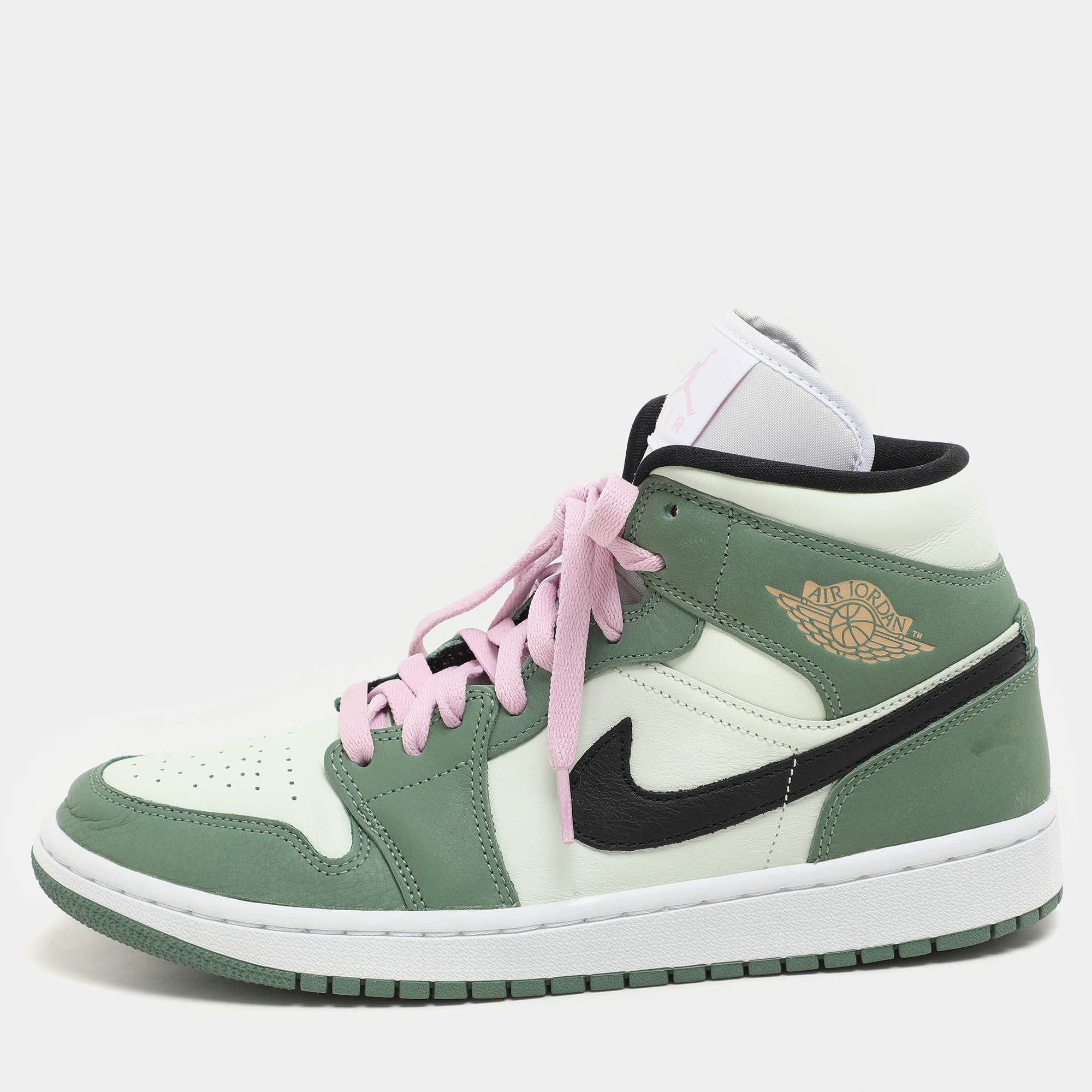 Pre Owned Air Jordans Green Leather Air Jordan 1 Mid Dutch Green High Top Sneakers Size 42