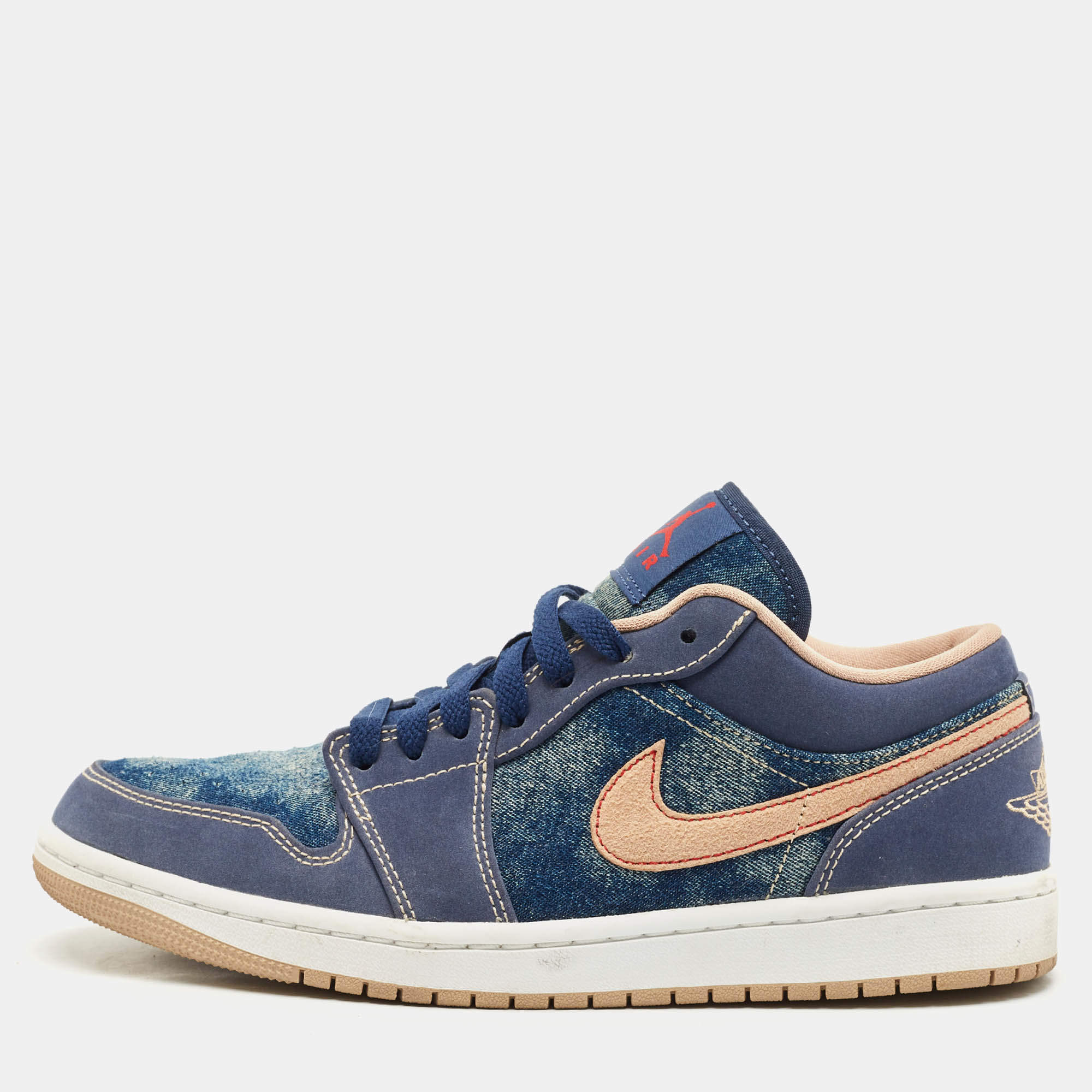 Pre Owned Air Jordans Blue Denim and Durabuck Leather Jordan 1 Low SE Sneakers Size 40.5