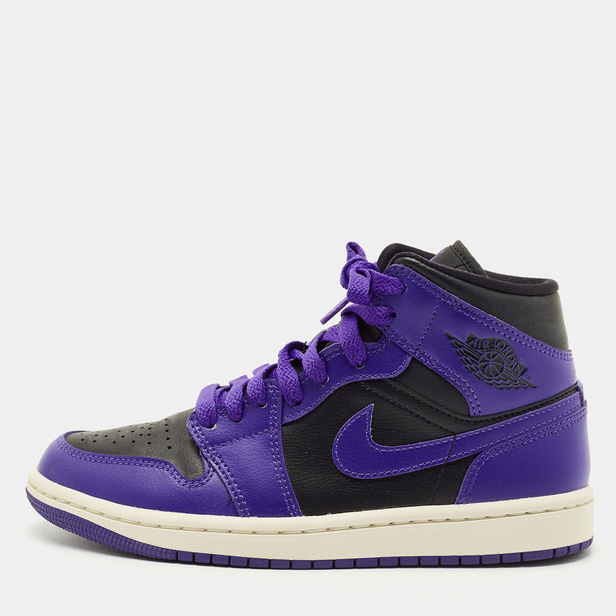 Pre Owned Air Jordans Purple/Black Leather Jordan 1 Mid Sneakers Size 36.5