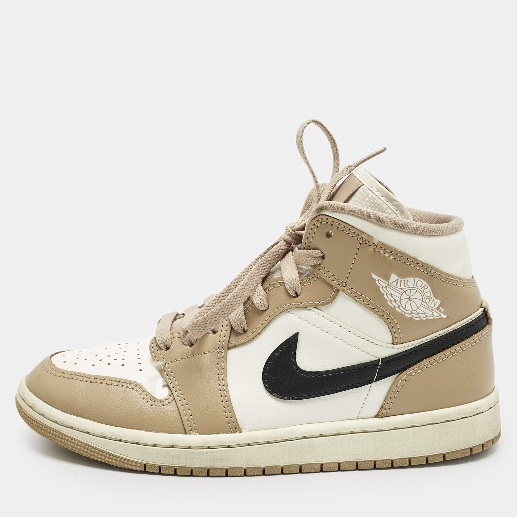 Pre Owned Air Jordans Multicolor Leather Jordan 1 Mid SE Desert Sail Sneakers Size 37.5