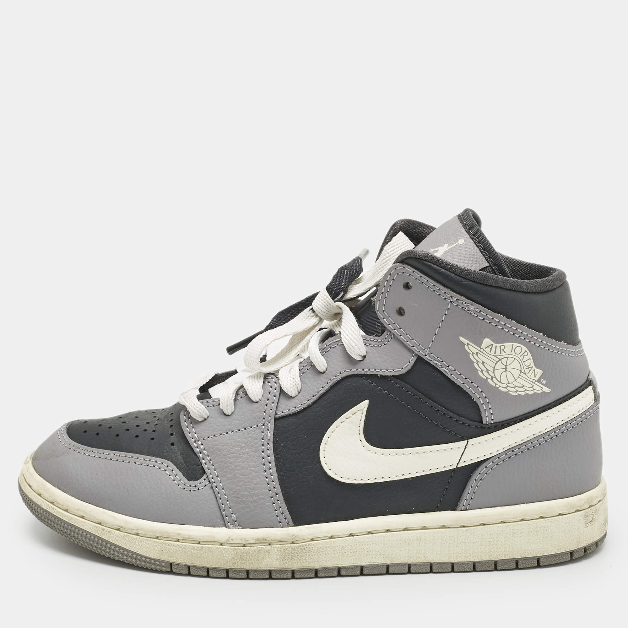 Pre Owned Air Jordans Multicolor Leather Jordan 1 Mid Cement Grey Sneakers Size 37.5