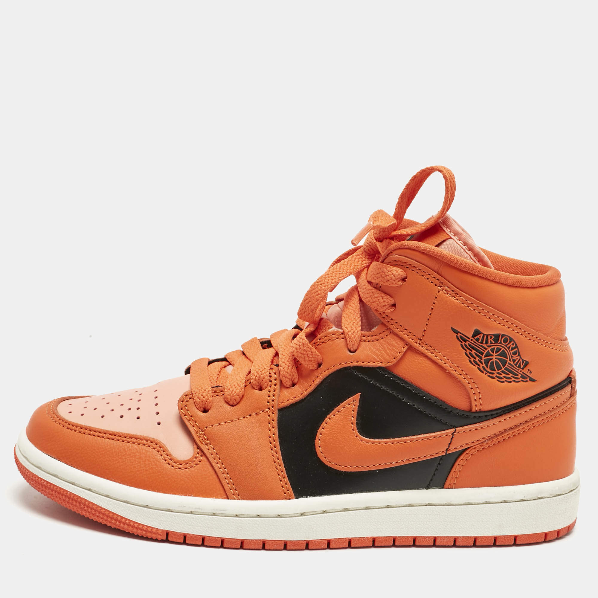 Pre Owned Air Jordans Multicolor Leather Jordan 1 Mid SE Rush Orange Crimson Bliss Sneakers Size 37.5