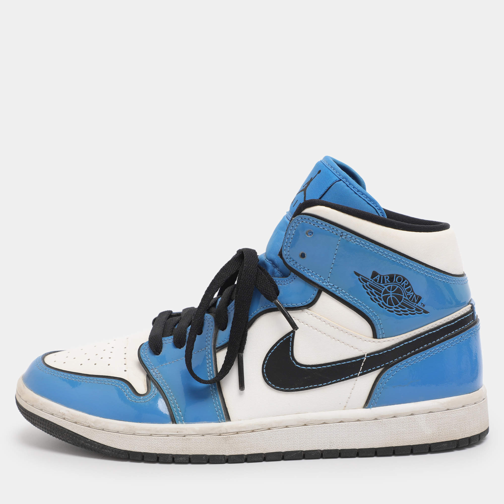 Pre Owned Air Jordans Tricolor Patent and Leather Air Jordan 1 Mid Signal Blue Sneakers Size 41