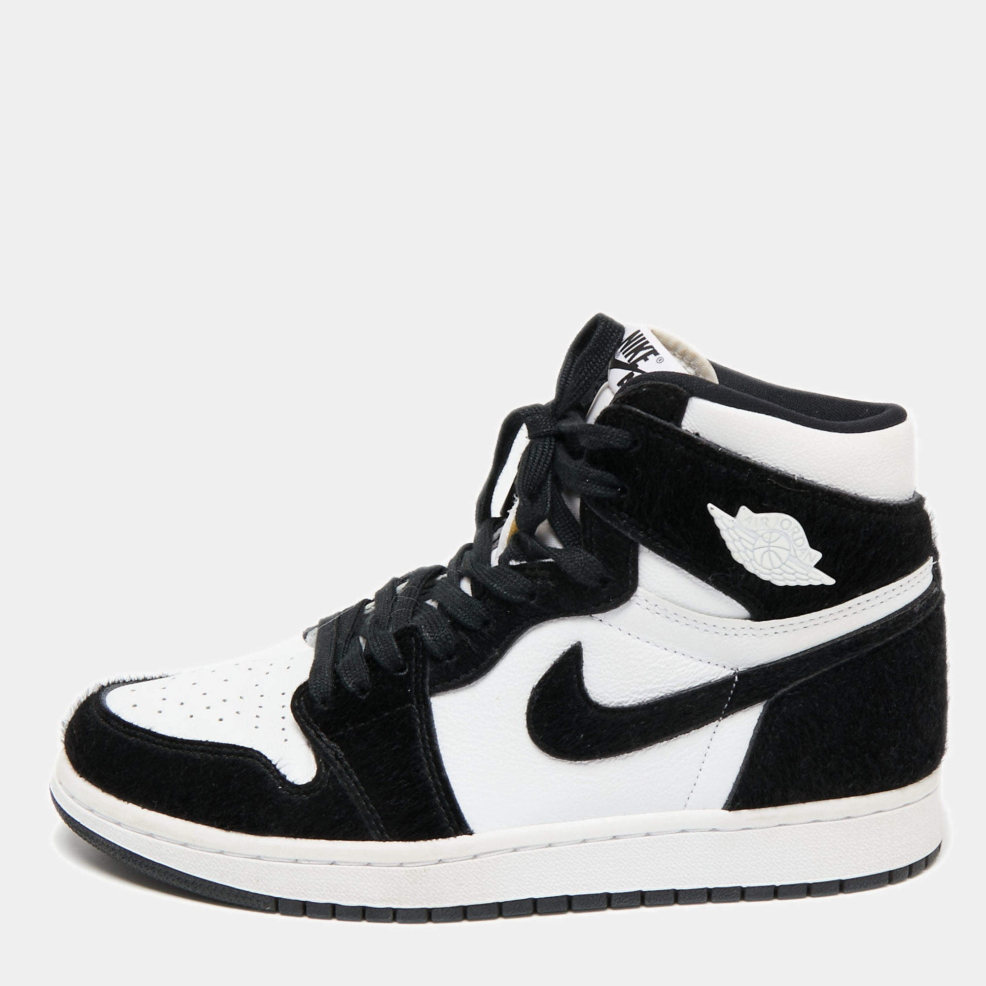 Pre Owned Air Jordans Black/White Calf Hair And Leather 1 Retro COJP High Top Sneakers Size 38.5