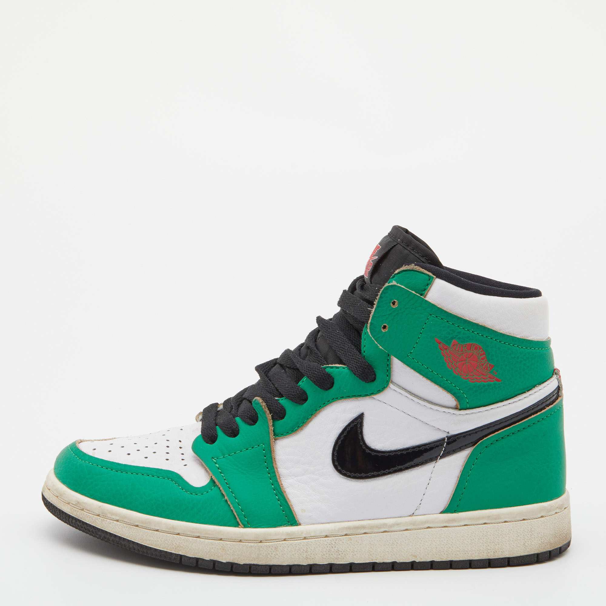 Pre Owned Air Jordans Green/White Leather 1 Retro High Top Sneakers Size 37.5