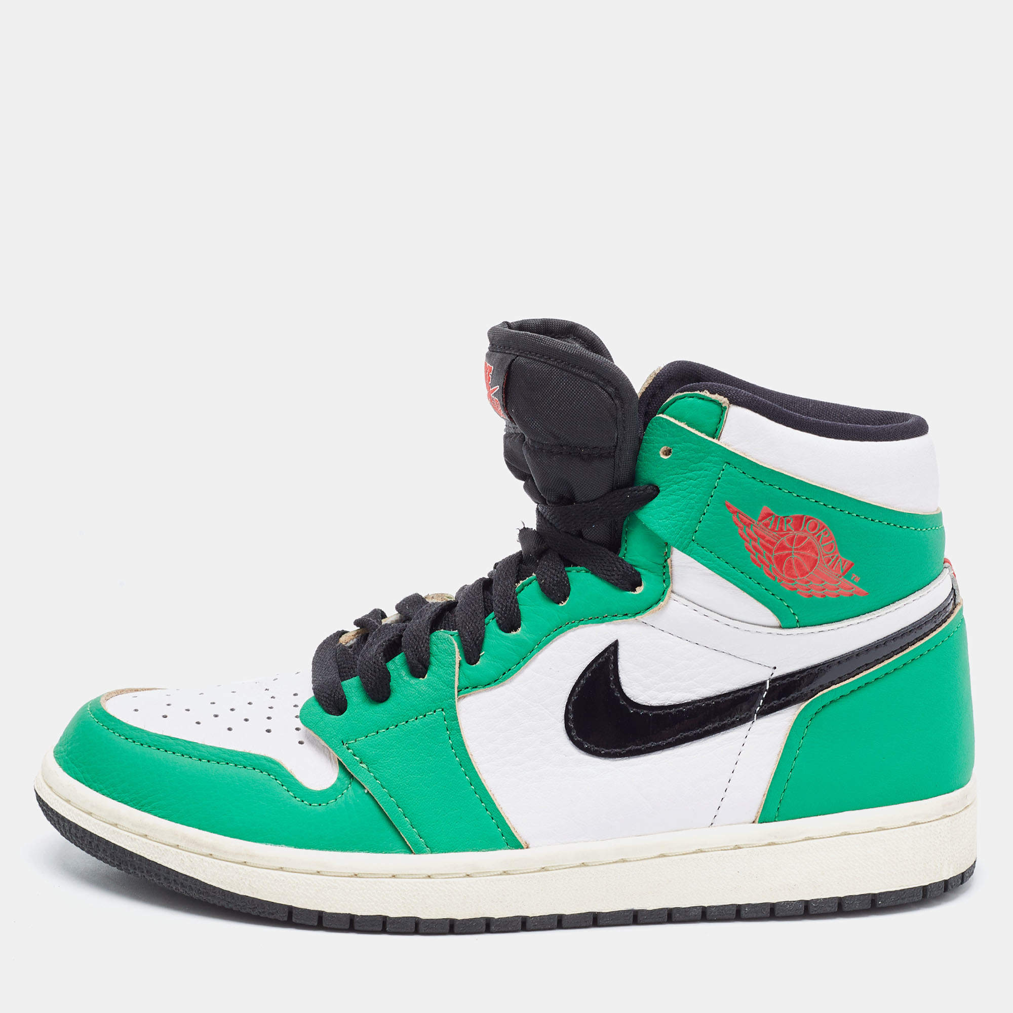 Pre Owned Air Jordans Green/White Leather 1 Retro High Top Sneakers Size 40