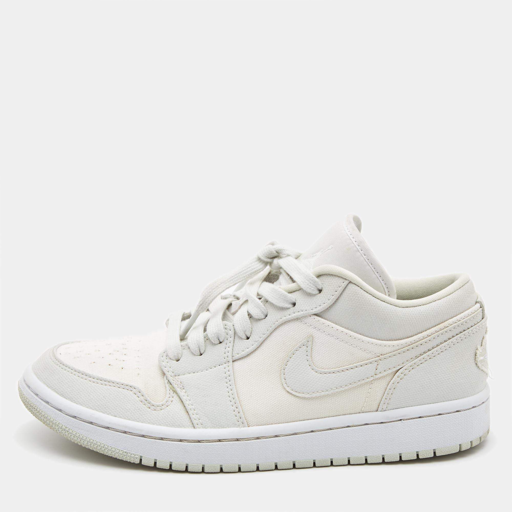 Pre Owned Air Jordans White/Grey Canvas Air Jordan 1 Low Spruce Aura Sneakers Size 38.5