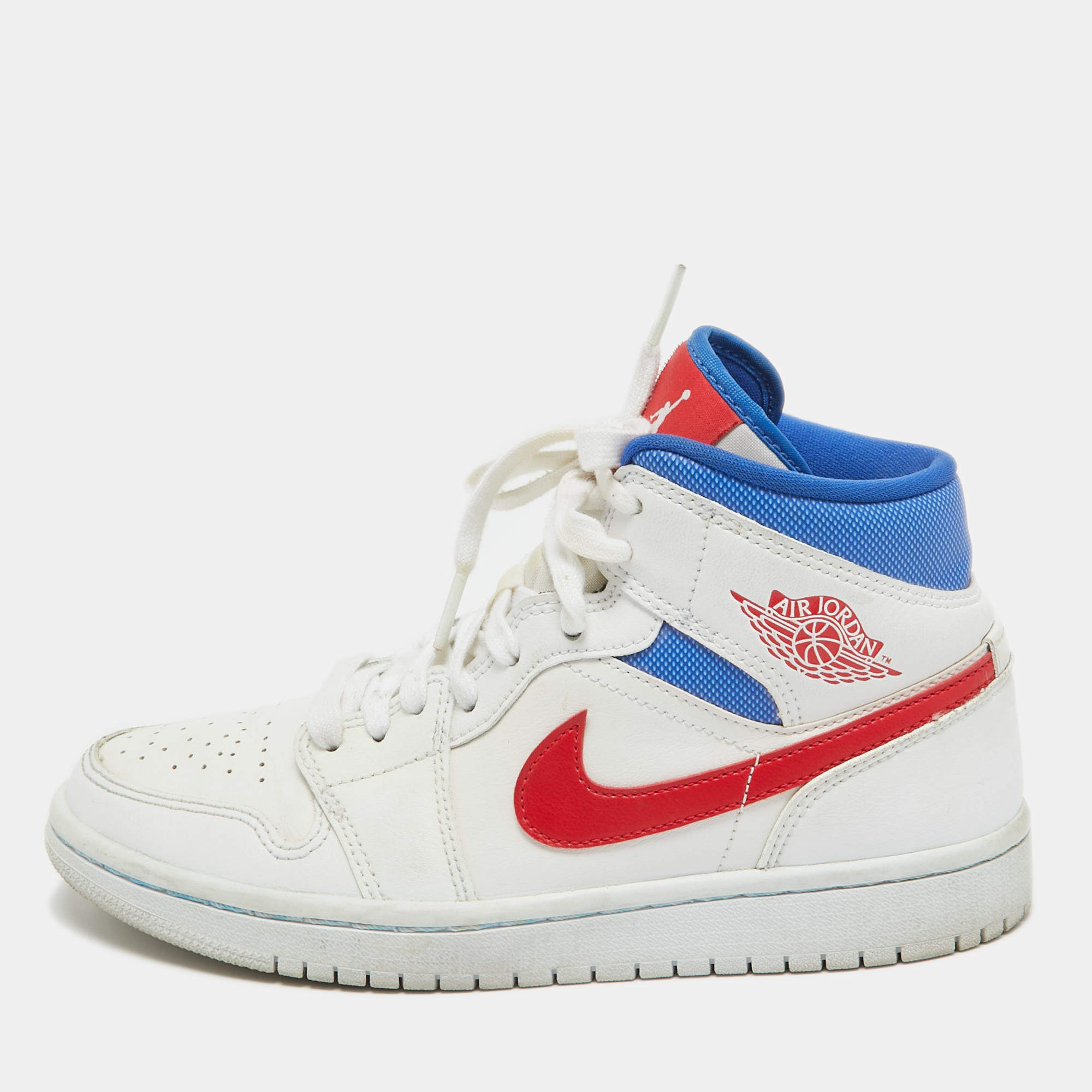 مملوكة مسبقًا Air Jordans Tricolor Leather Air Jordan 1 Mid White Blue Red Sneakers Size 37.5